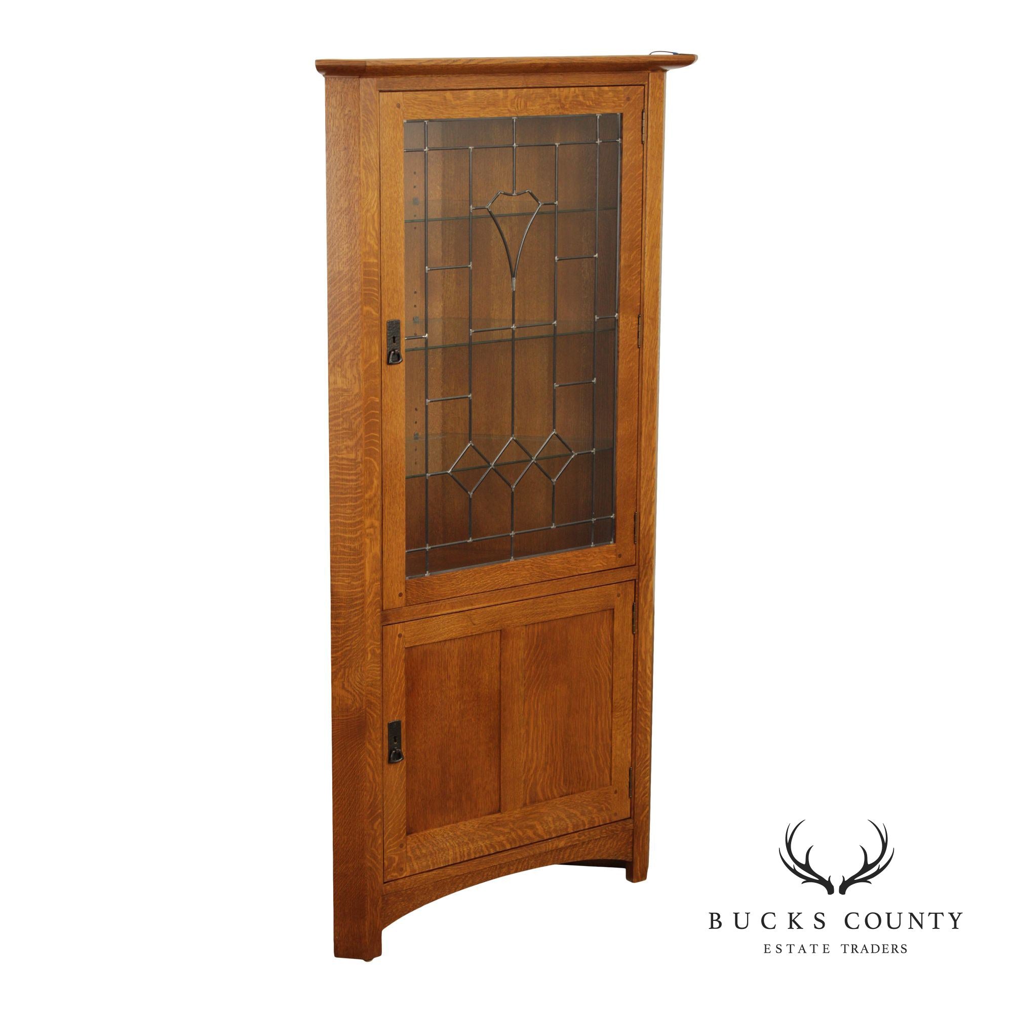 Stickley Mission Collection Oak Corner Cabinet with Art Glass