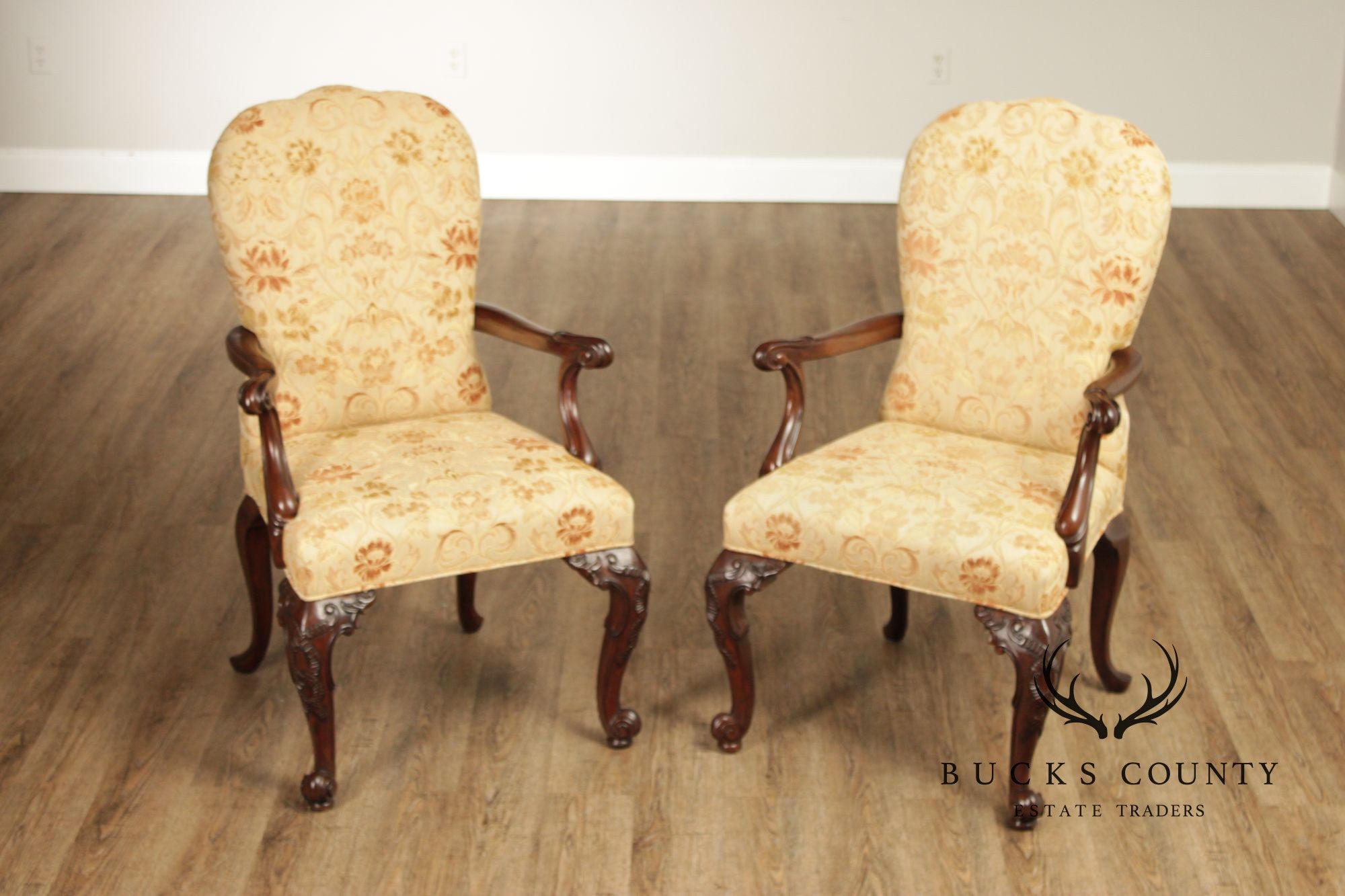 Henredon Scroll and Floral Upholstered Cabriole Leg Armchairs
