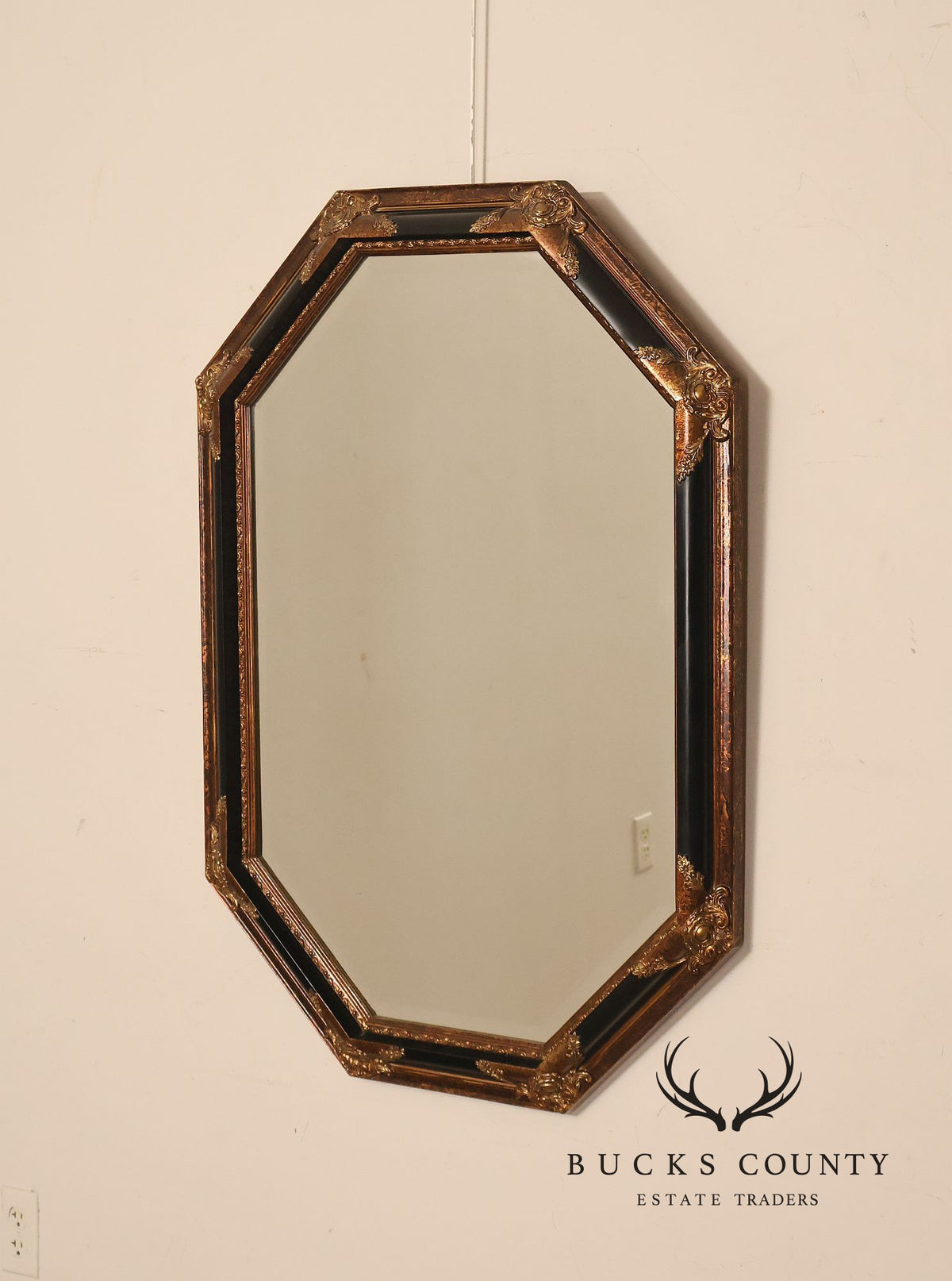 Traditional Octagonal Black And Gilt Beveled Wall Mirror