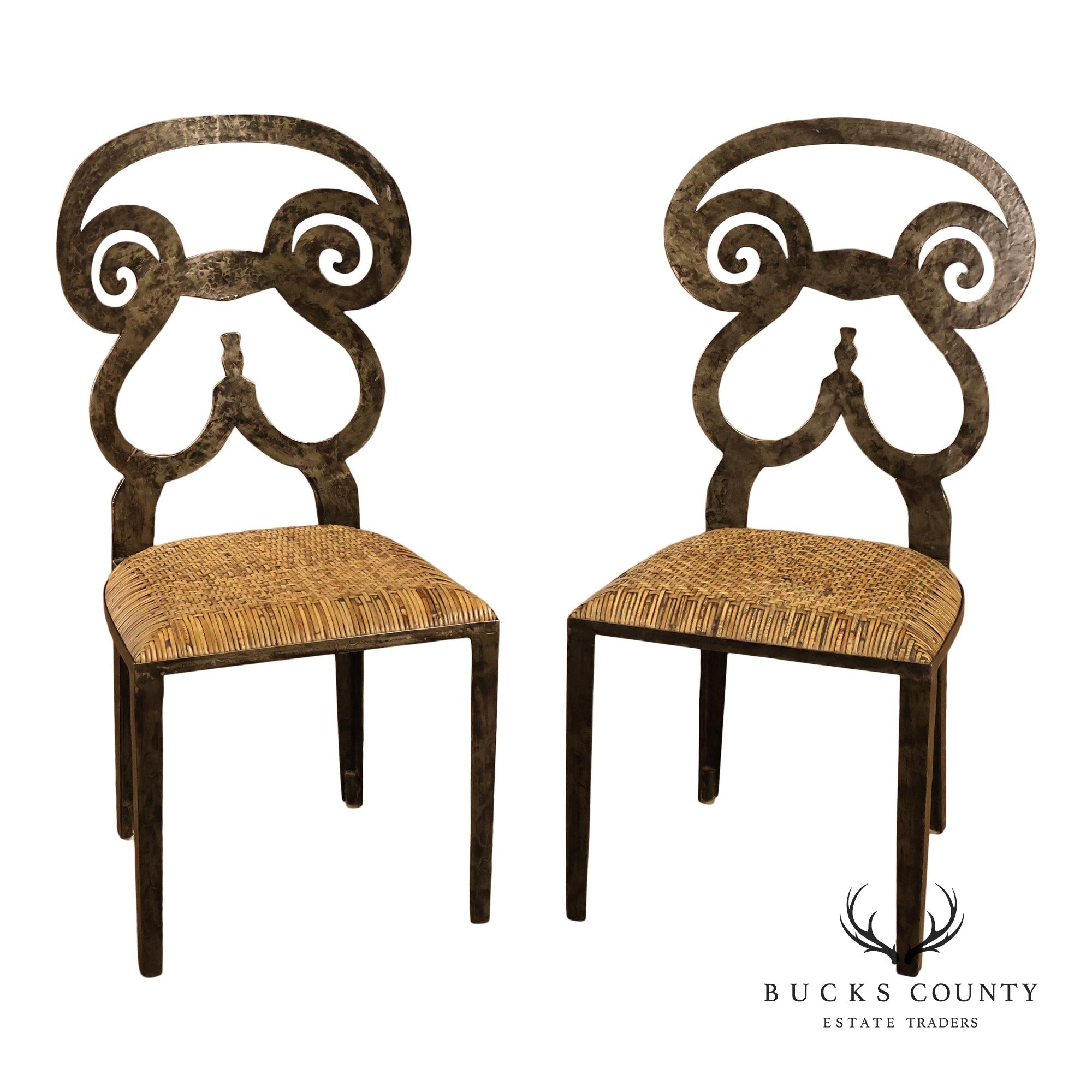 Biedermeier Style Pair Of Forged Iron And Woven Rattan Side Chairs