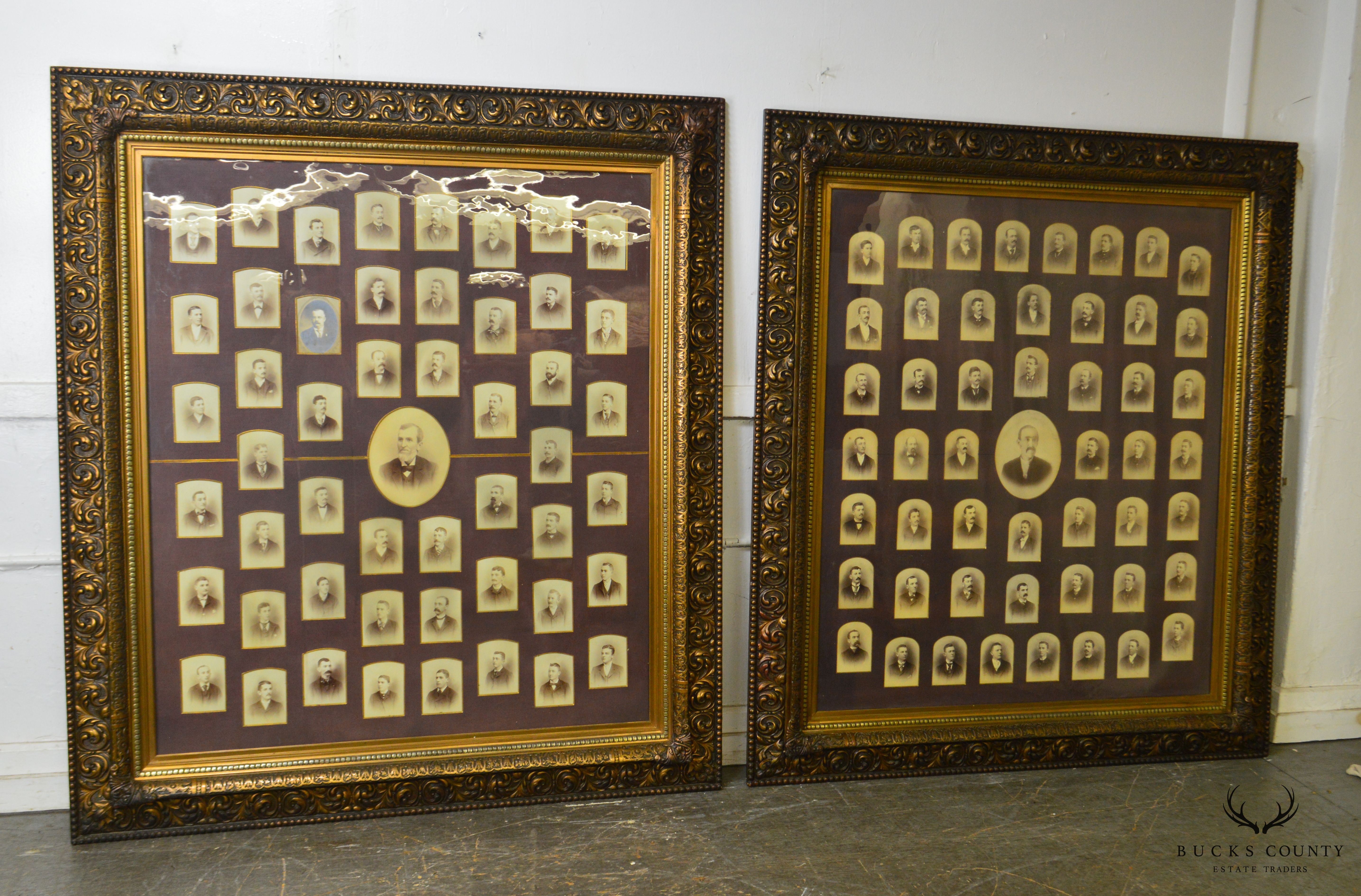 Antique Aesthetic Carved Pair Large Gold Frames with Historical Lodge Photos