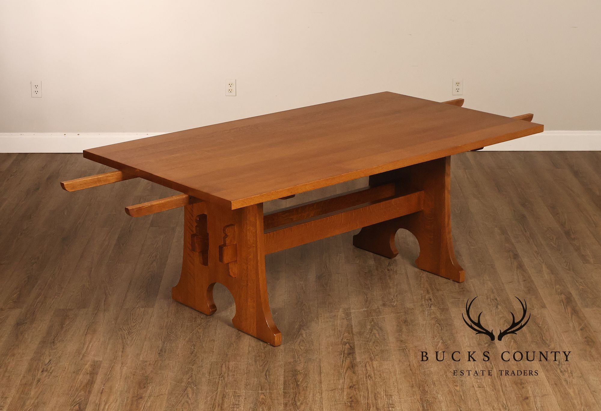 Stickley Mission Collection Oak Trestle Dining Table With Two Leaves