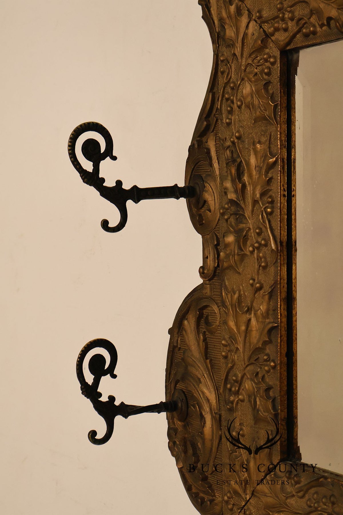 Antique Carved Gilt Wood Wall Mirror With Wrought Iron Hooks