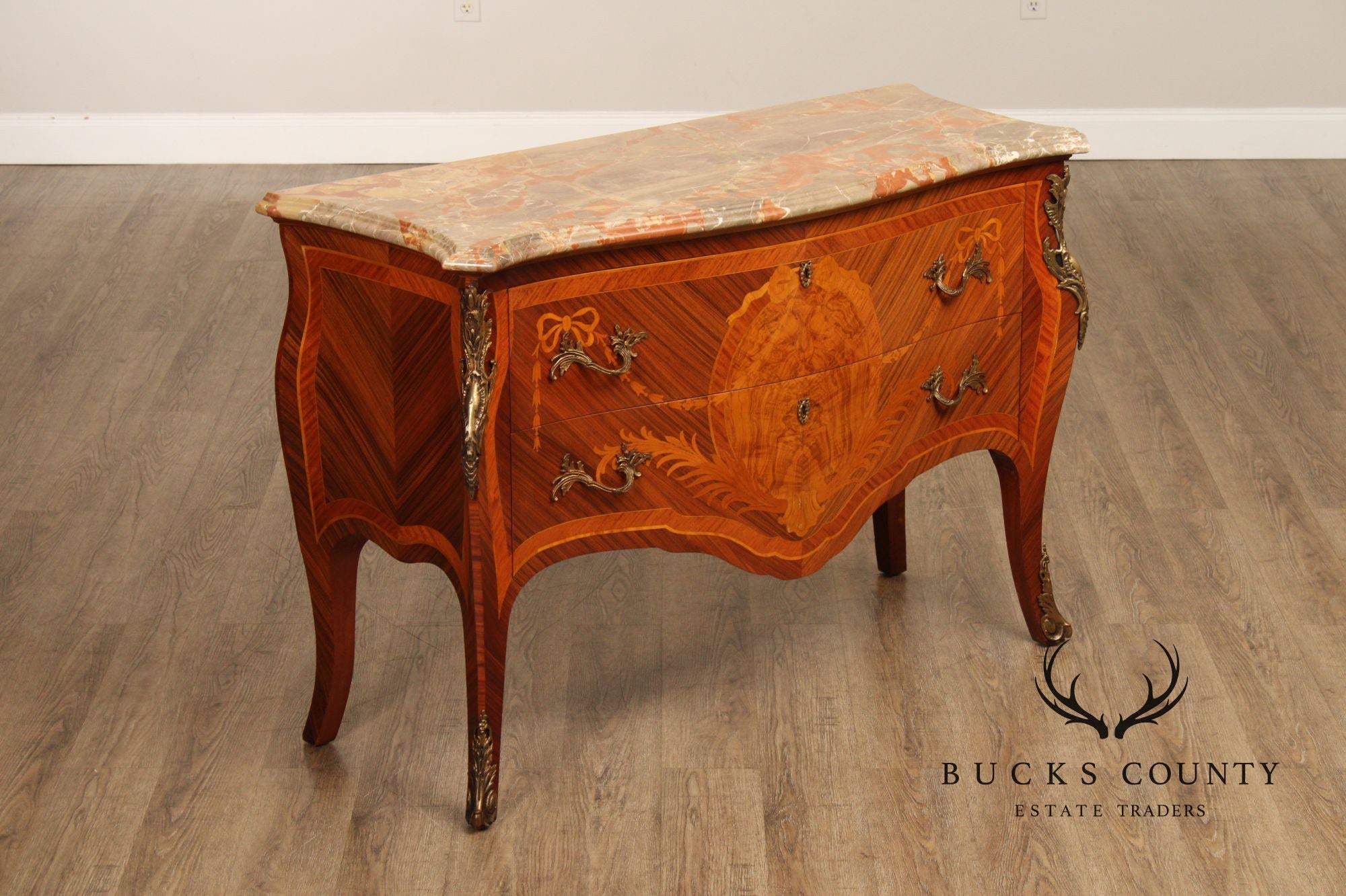 Louis XV Style Pair Of Marquetry Inlaid Marble Top Bombe Commodes