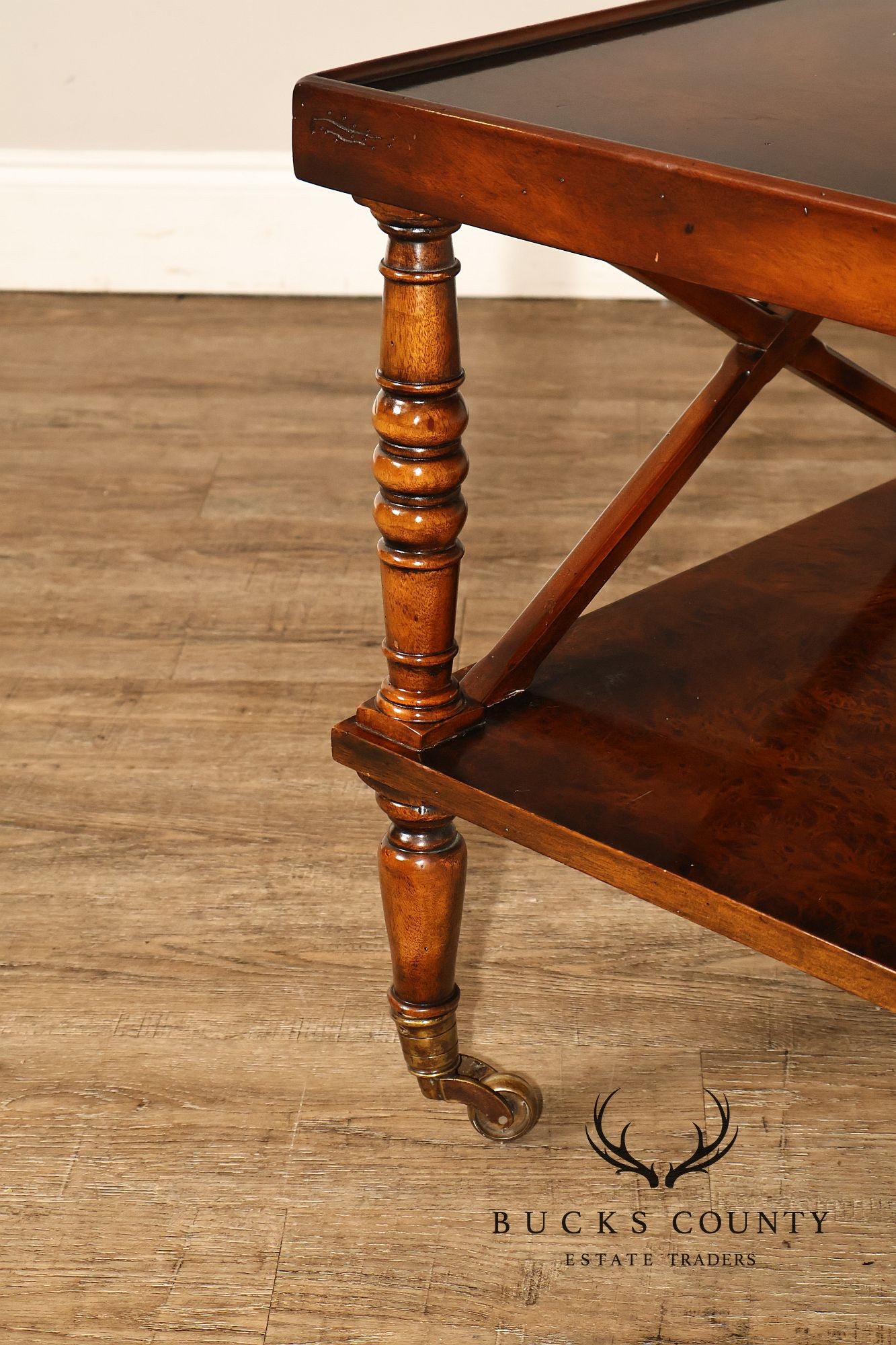 Regency Style Burl Wood Two-Tier Square Coffee Table On Brass Casters