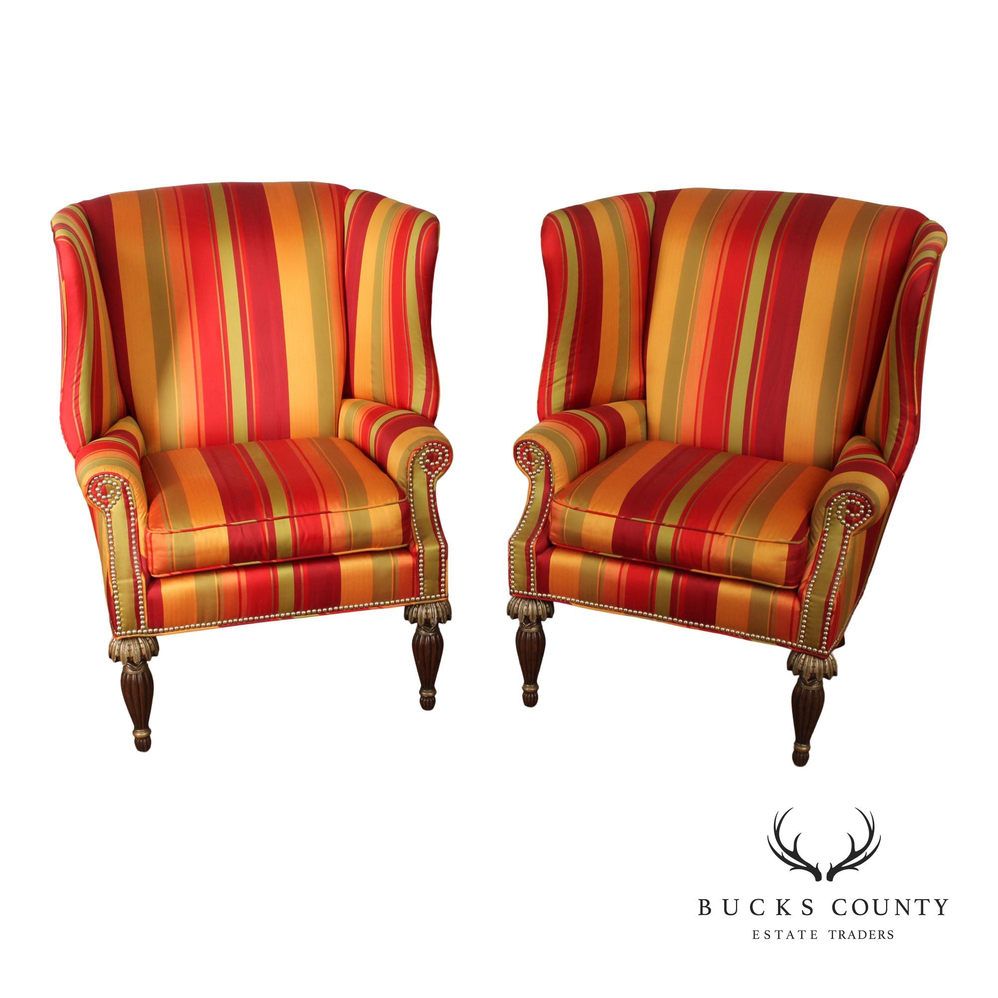 Lane Venture  Modern Regency Style Pair Striped Wing Chairs