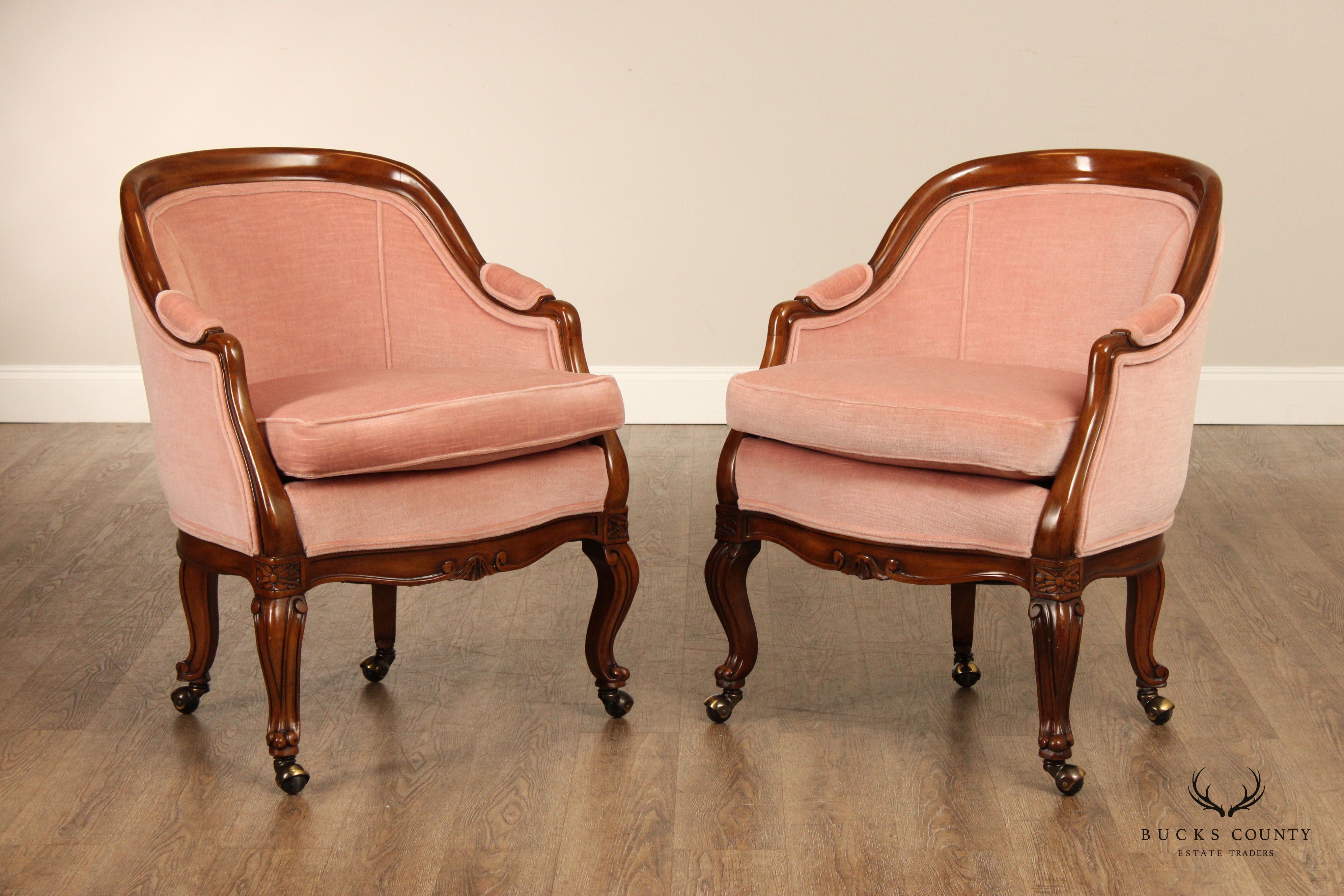 Karges French Louis XV Style Pair of Barrel Back Bergere Club Chairs