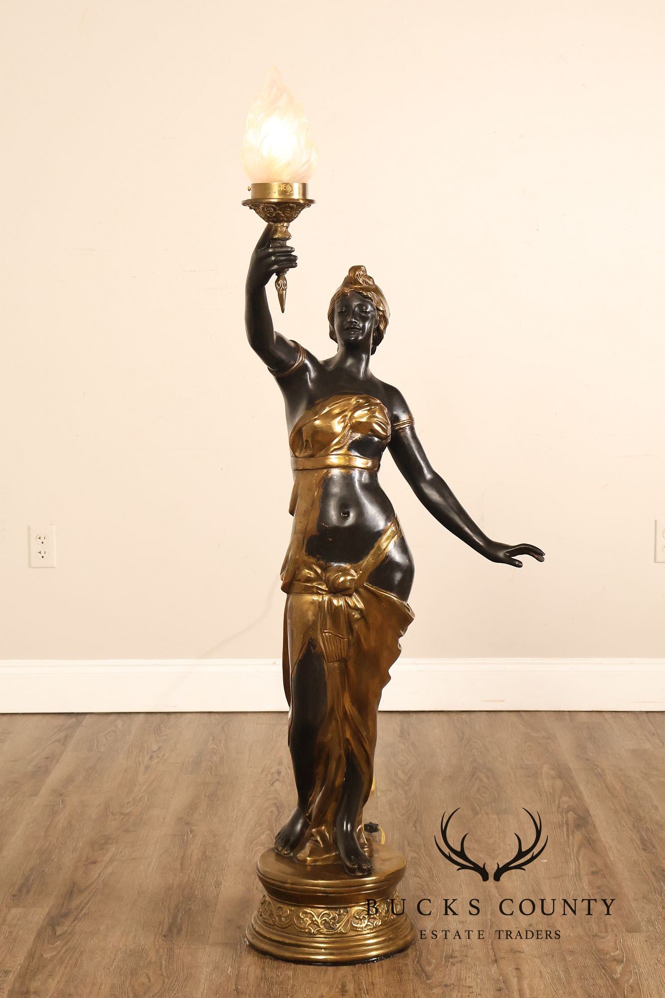 Neoclassical Style Pair Of Bronze Figural Torchere Floor Lamps