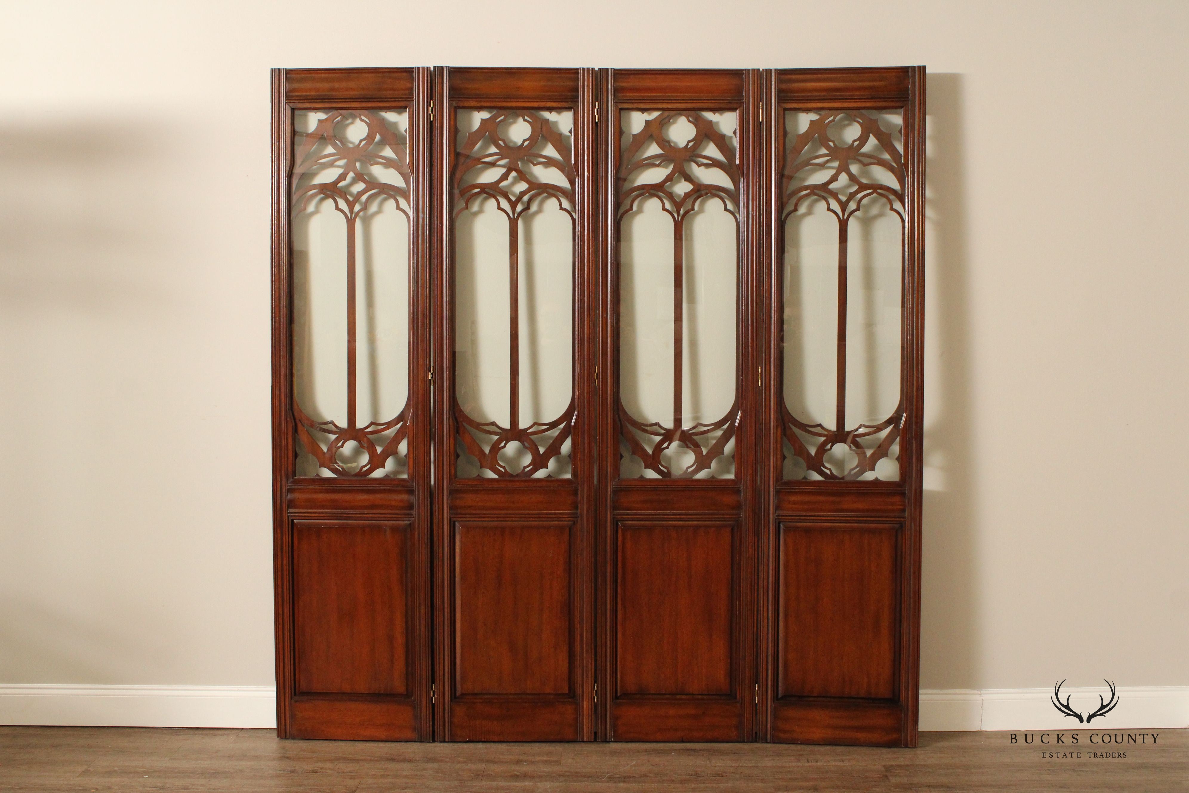 Gothic Revival Style Mahogany And Glass Eight-Panel Room Divider Screen