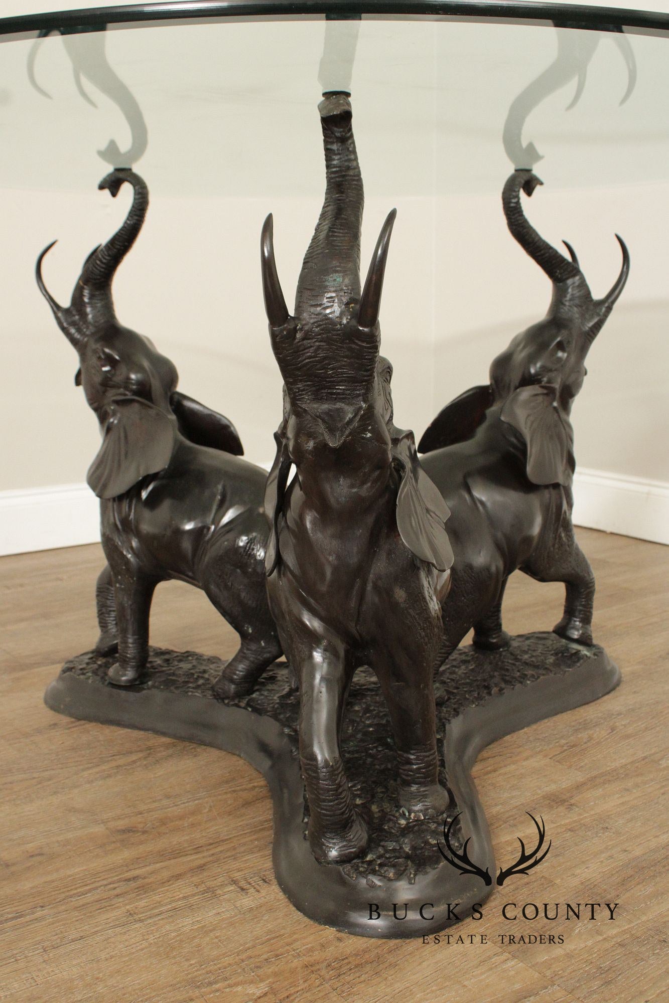 Contemporary Glass Top Bronze Elephants Center Table