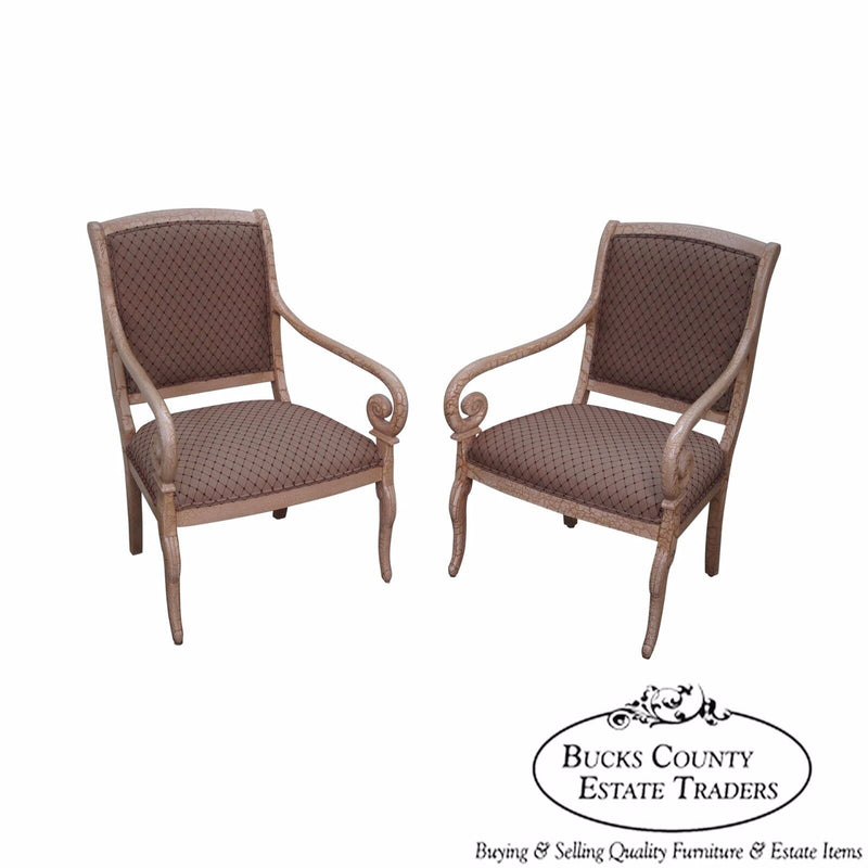 Quality Pair of Crackle Painted Finish Regency Style Arm Chairs
