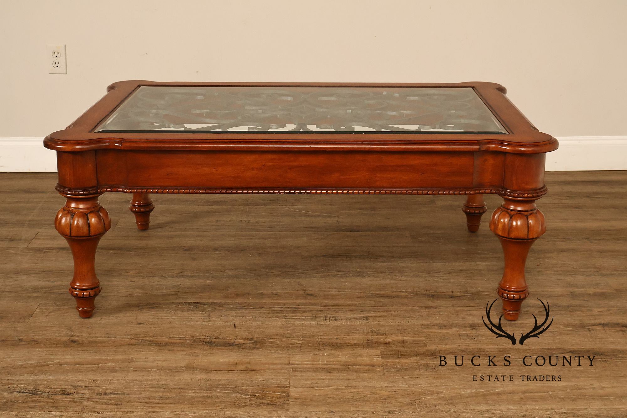 Ethan Allen Tuscany Glass Top Coffee Table With Iron Scroll Base