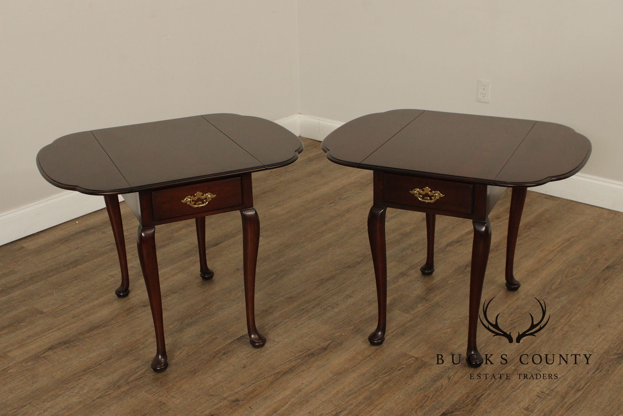 Statton Queen Anne Style Pair of Cherry Dropleaf Pembroke End Tables