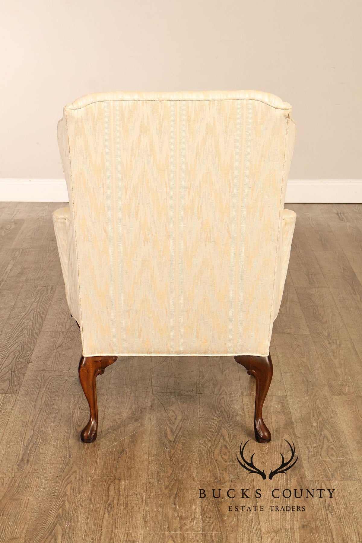 Traditional Upholstered Pair Of Wingback Armchairs With Carved Cabriole Legs