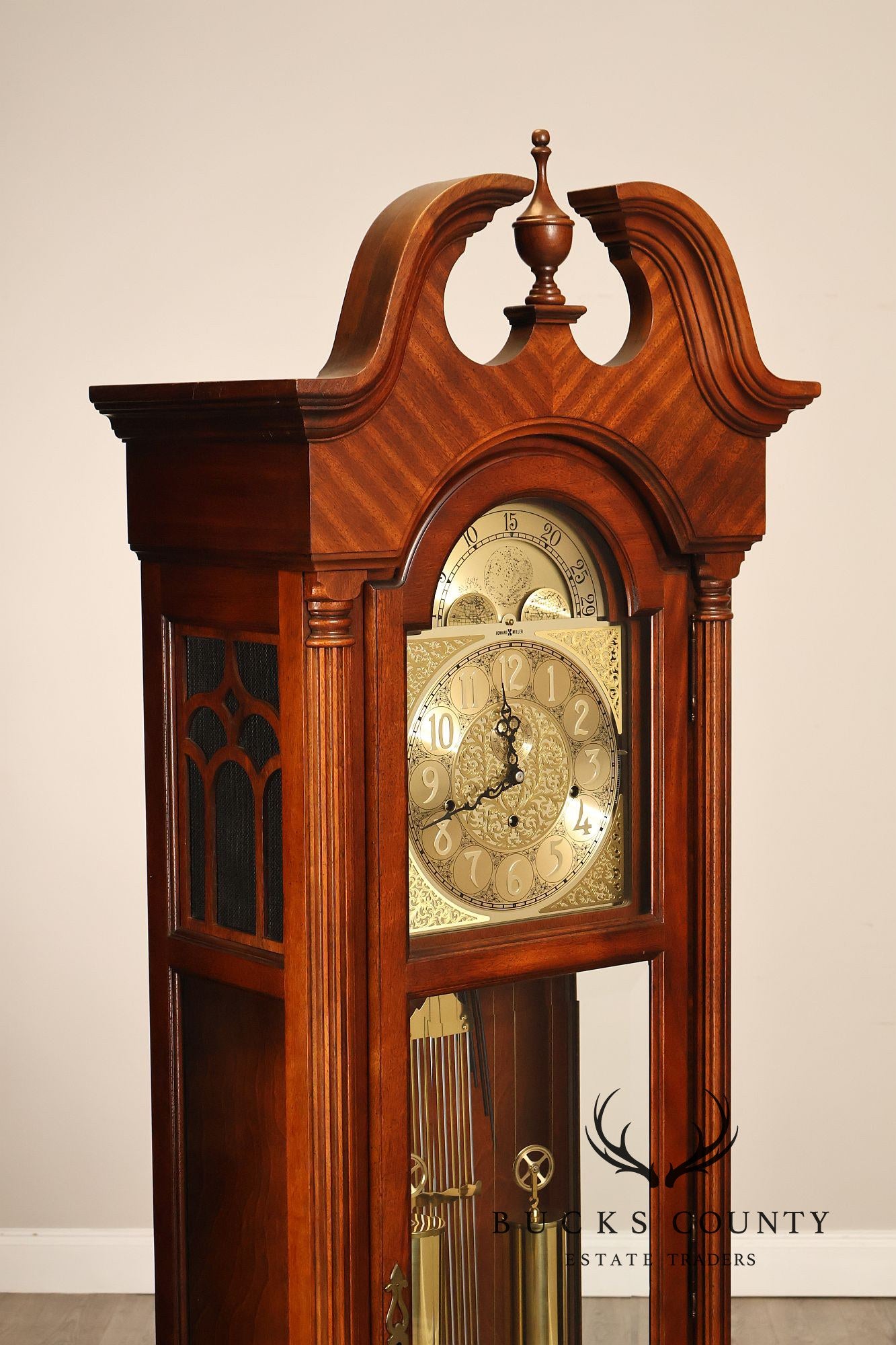 Howard Miller Mahogany Grandfather Clock With Brass Dial And Weights