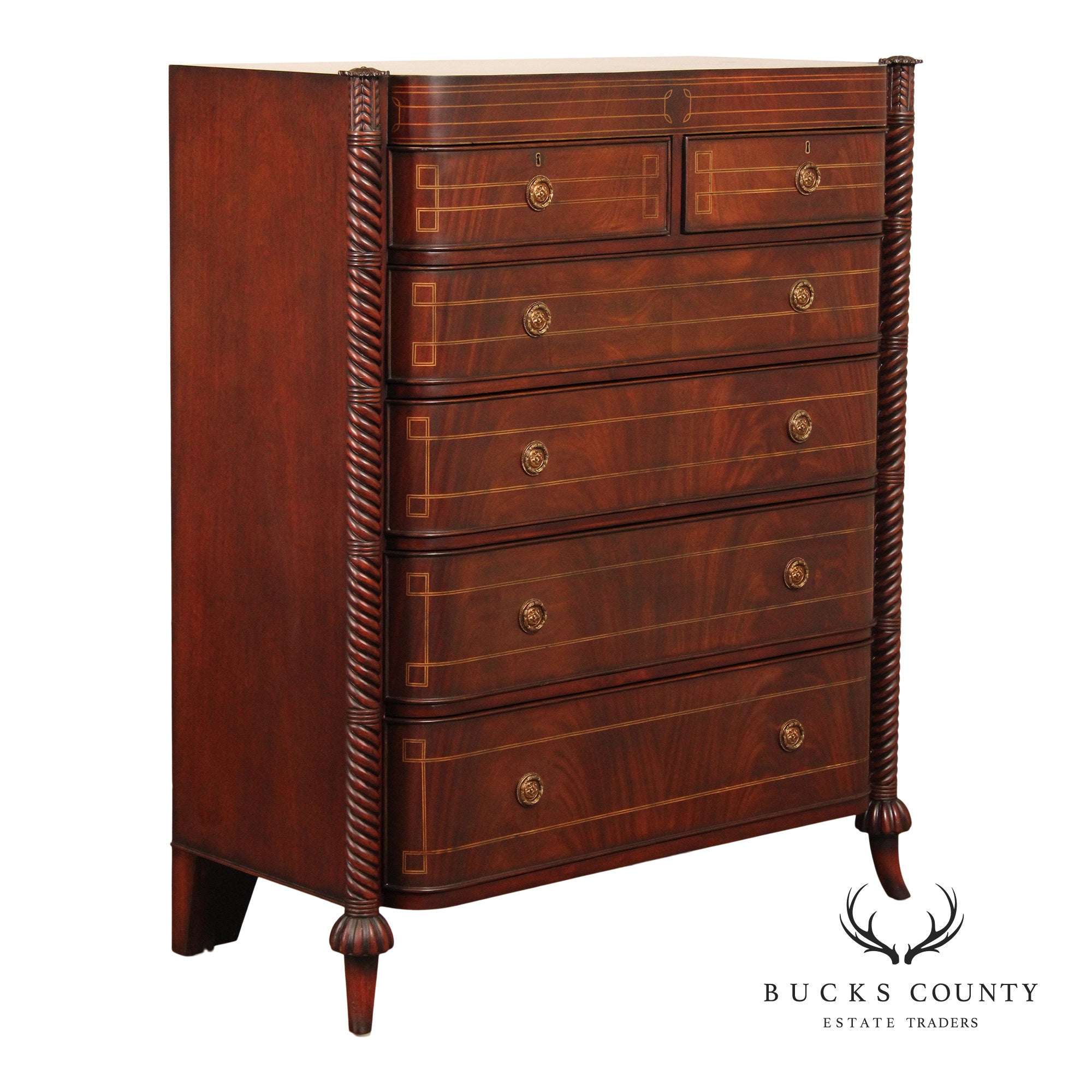 Edwardian Style Custom Mahogany Inlaid High Chest Of Drawers