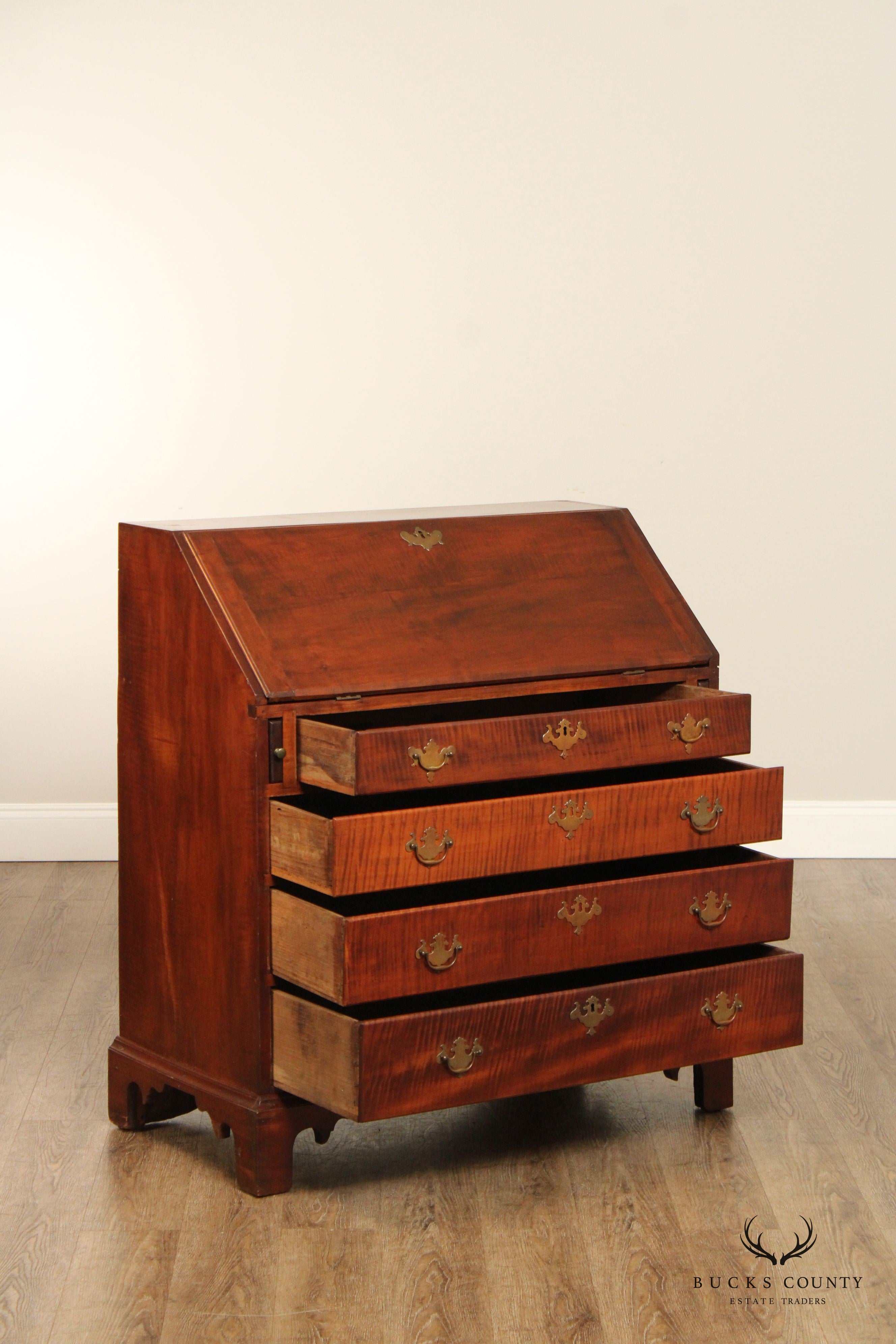 Tiger Maple Chippendale Style Antique Slant Front Desk