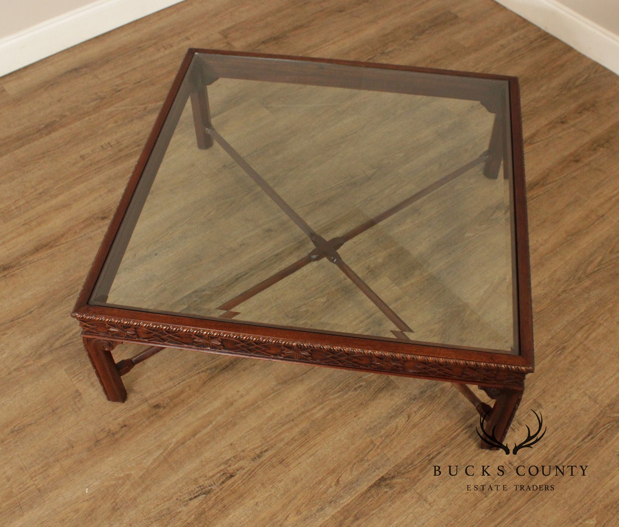 Chinese Chippendale Style Square Glass Top Coffee Table