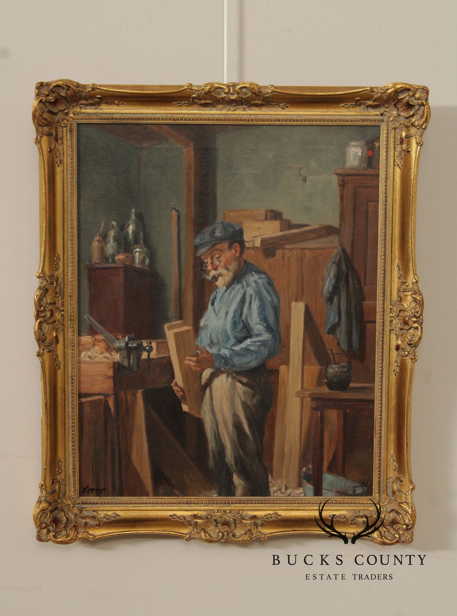 Genre Style Signed Oil Painting, The Carpenter