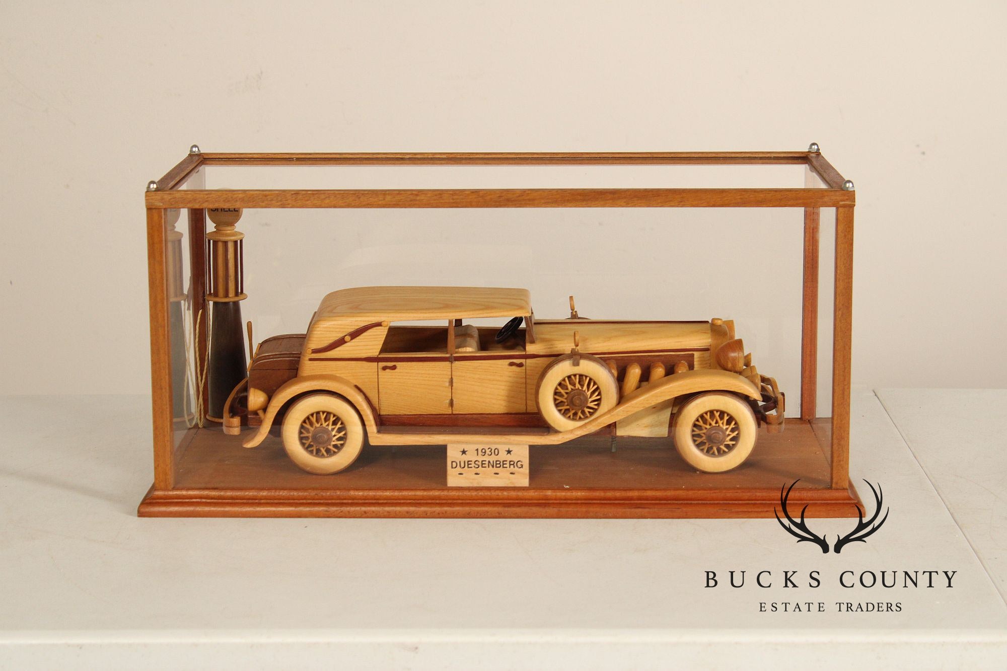 Carved Wood 1930 Duesenberg Model J in Display Case