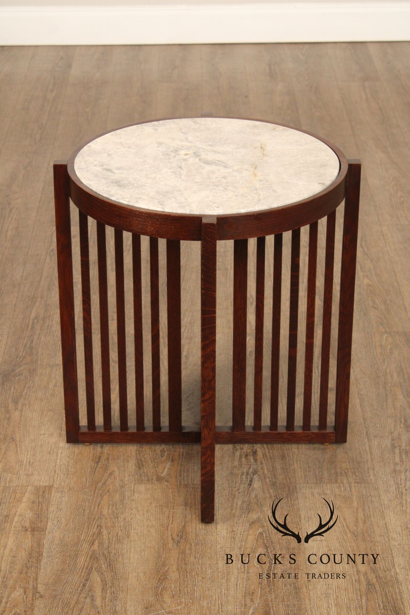 Stickley Park Slope Collection Round Marble Top Oak End Table