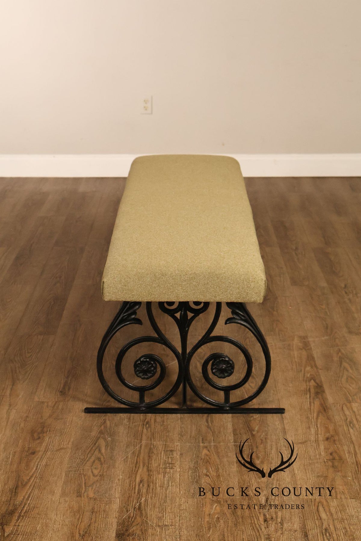 Vintage Wrought Iron Scrollwork Upholstered Bench