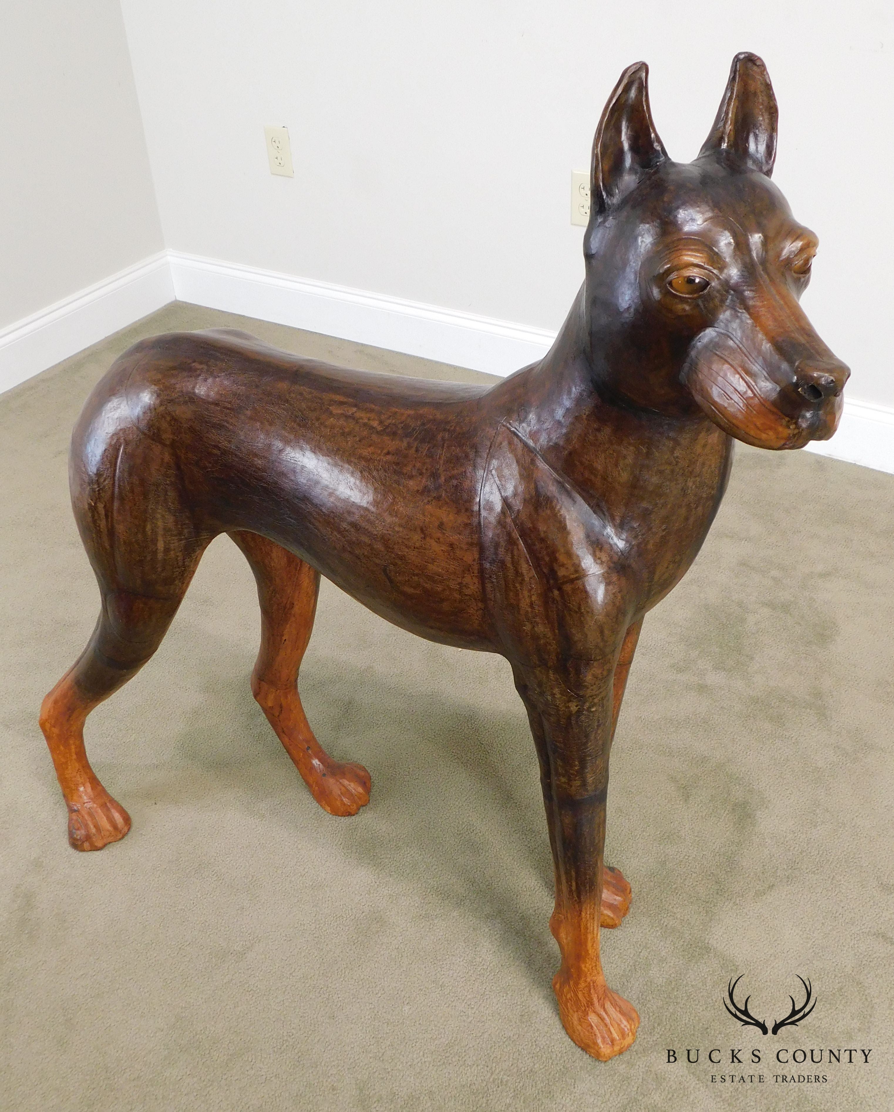 Life Size Leather Wrapped Doberman Pinscher Dog Statue