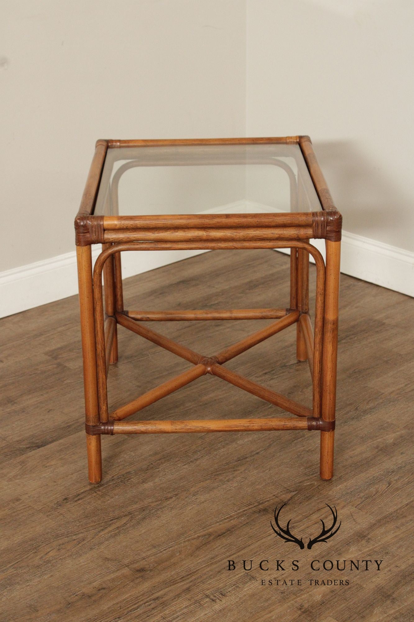 Hollywood Regency Pair of Glass Top Rattan Side Tables