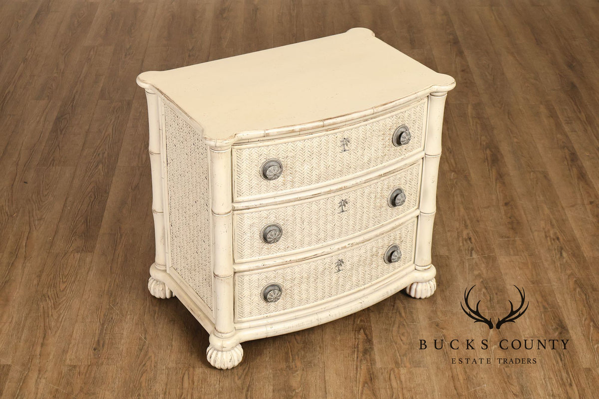 Pair Of Tommy Bahama By Lexington Painted Woven Rattan Three Drawer Nightstands