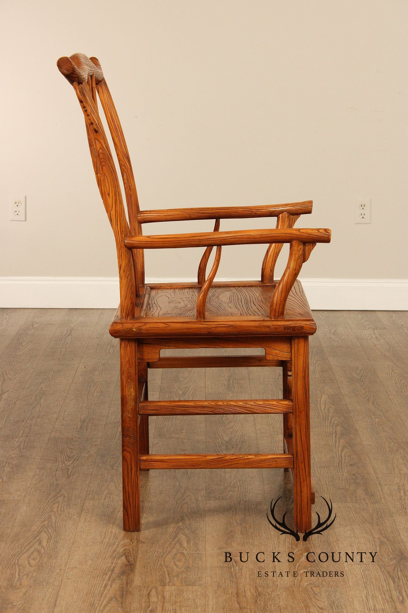 Asian Vintage Pair of Elm Yoke Back Armchairs