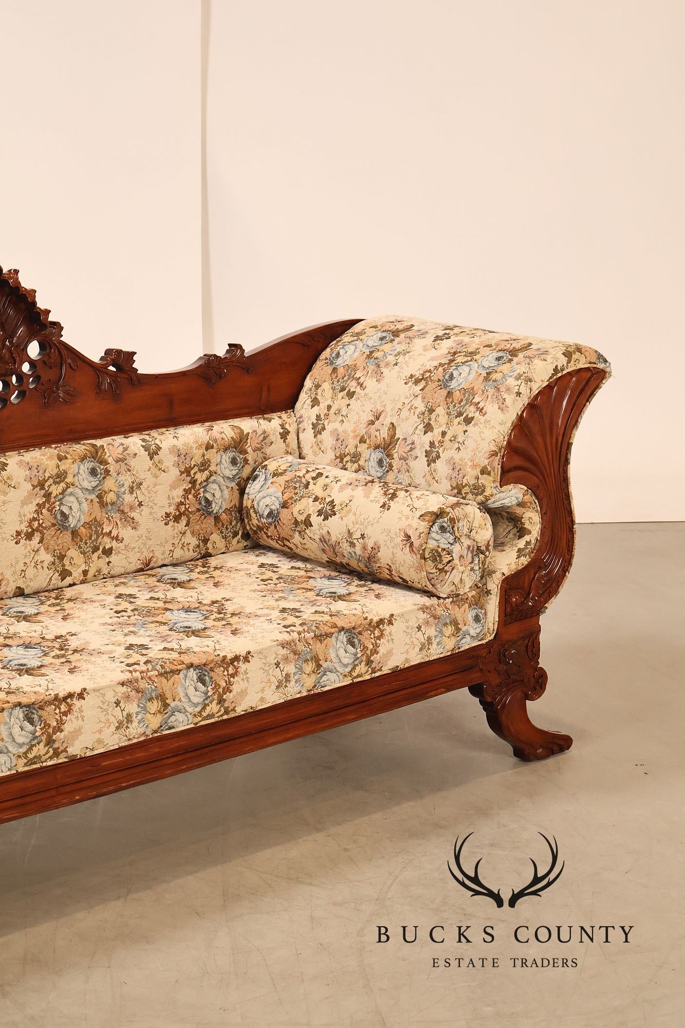 Victorian Style Carved Floral Upholstered Sofa