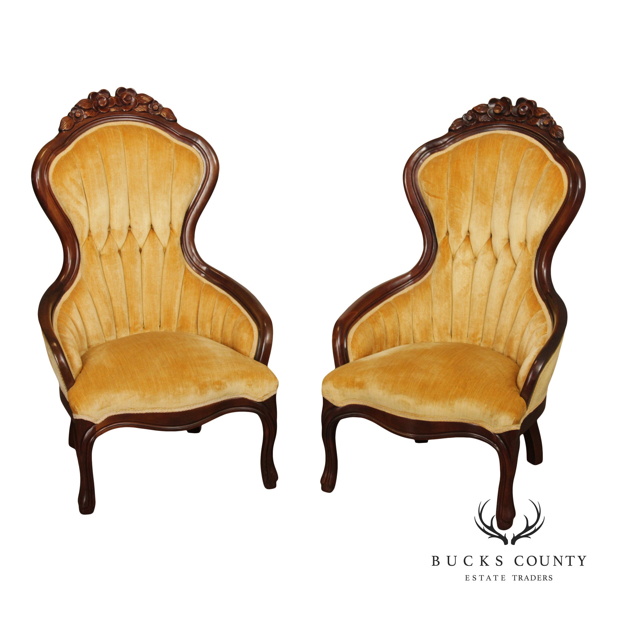 Kimball Furniture Victorian Style Pair of Carved Mahogany Parlor Chairs