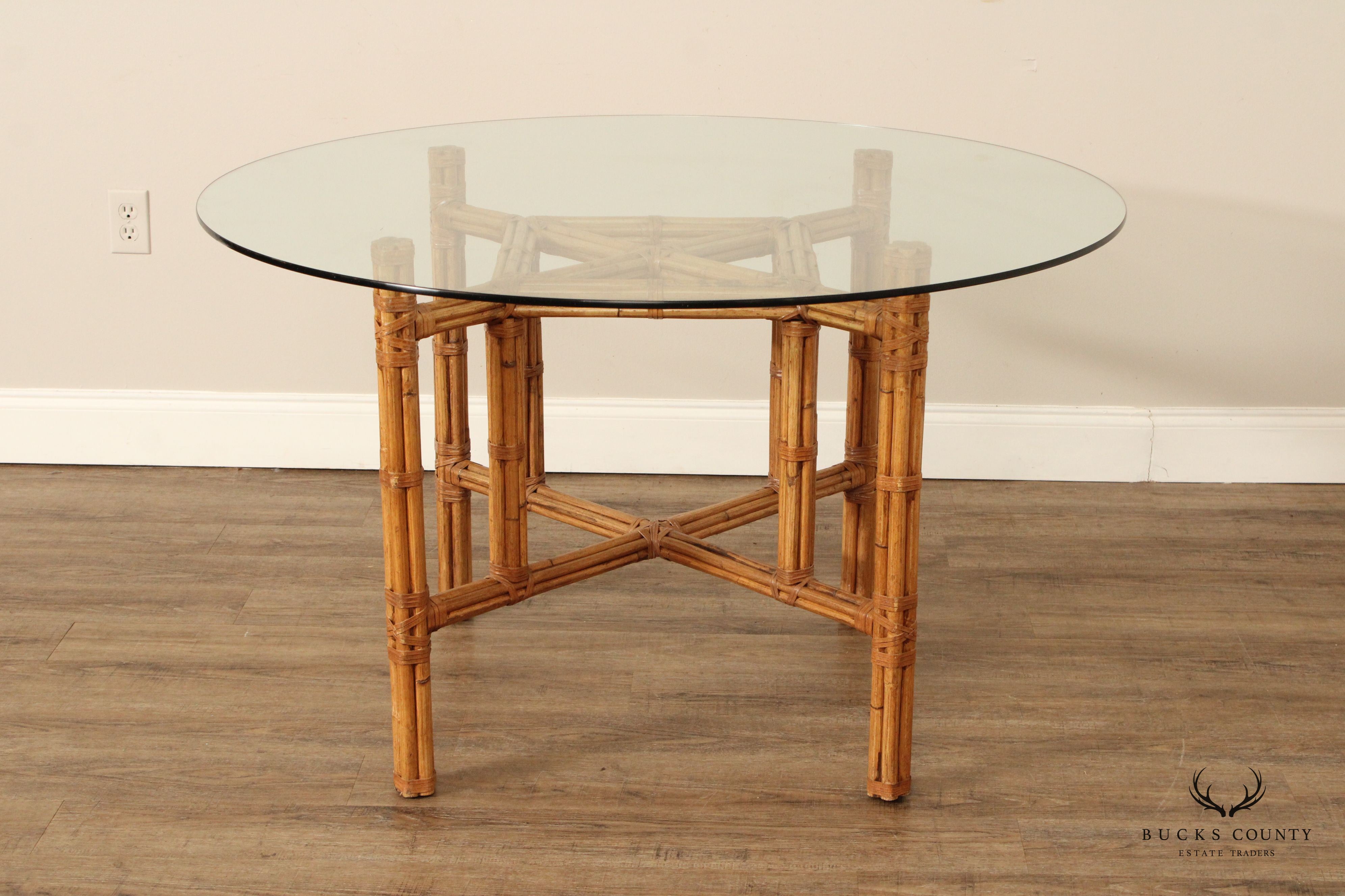 Hollywood Regency Vintage Round Glass Top Rattan Dining Table