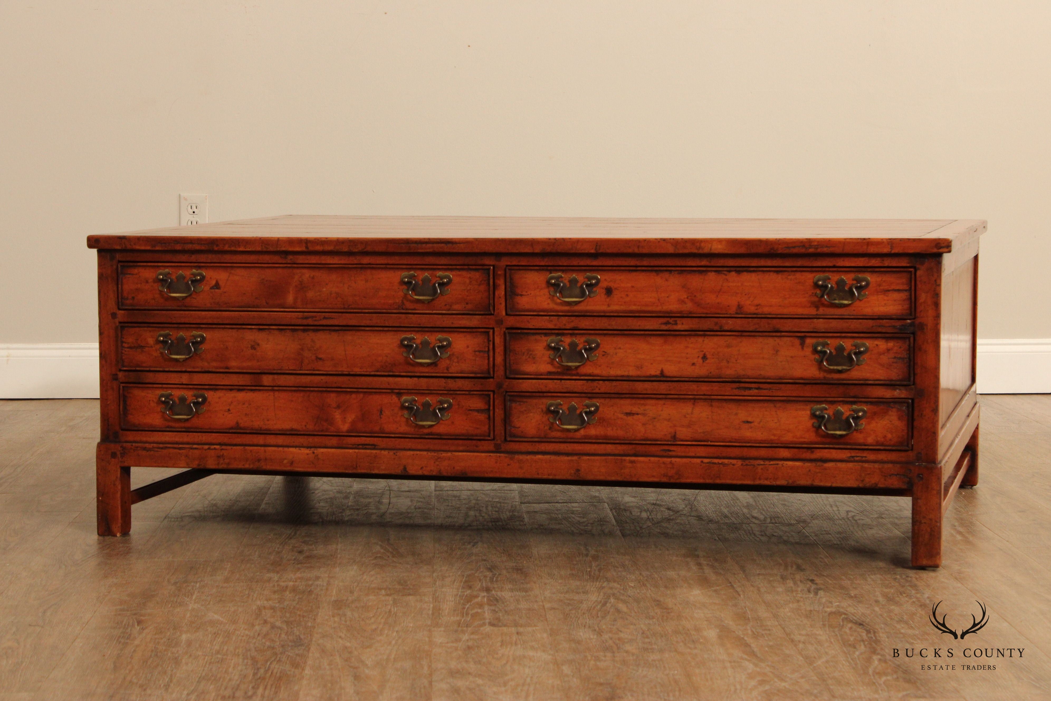 Rustic Distressed Finish Multi-Drawer Coffee Table