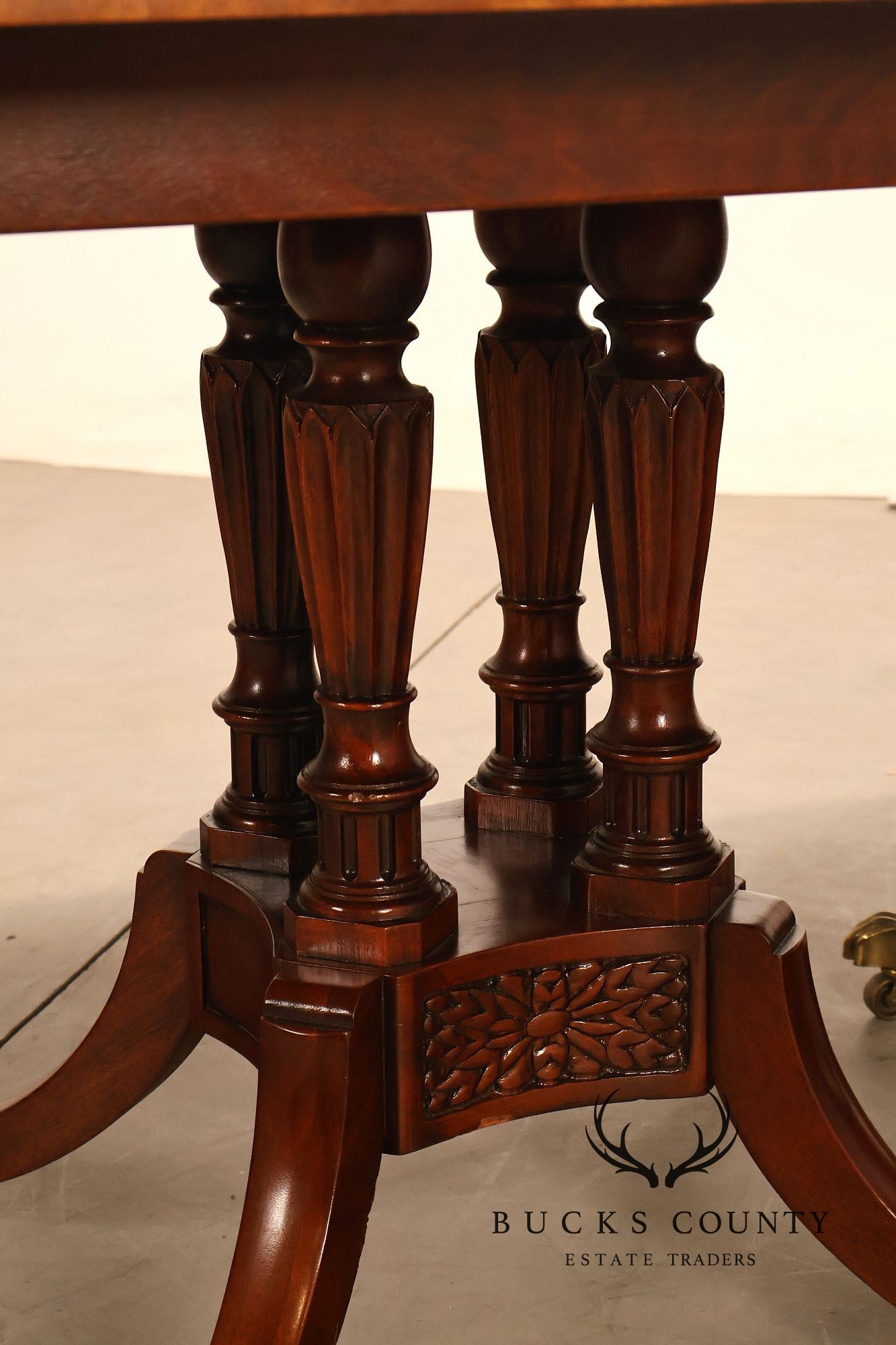 Baker Furniture Company Regency Style Mahogany Double Pedestal Dining Table With Satinwood Banding And Extension Leaves