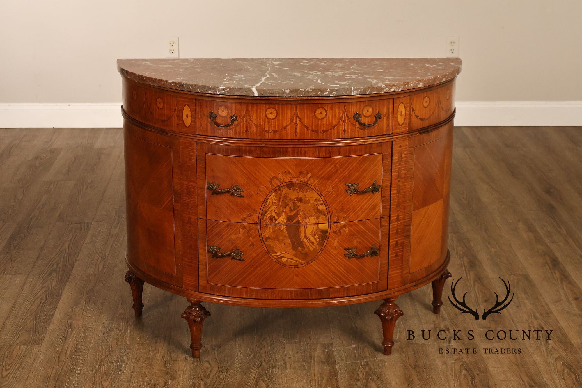 Antique French Louis XVI Neoclassical Inlaid Demilune Marble Top Commode