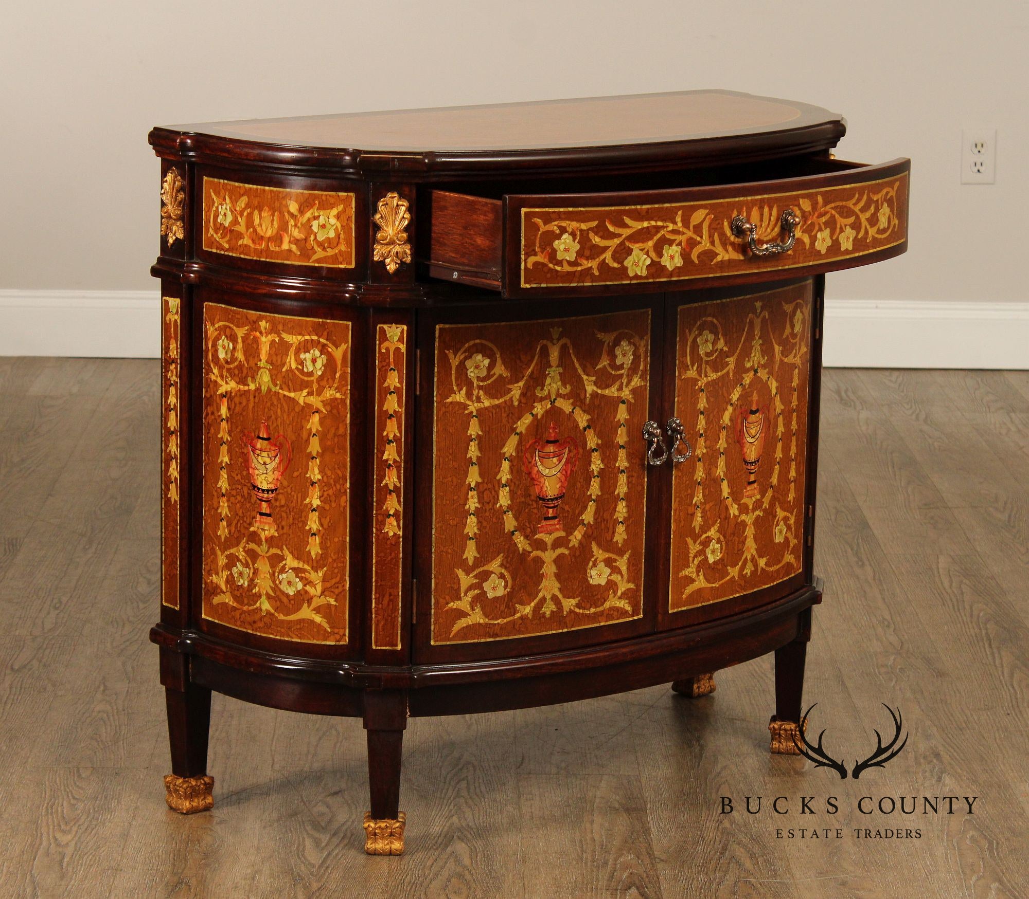 Italian Neoclassical Style Pair of Marquetry Demilune Commodes