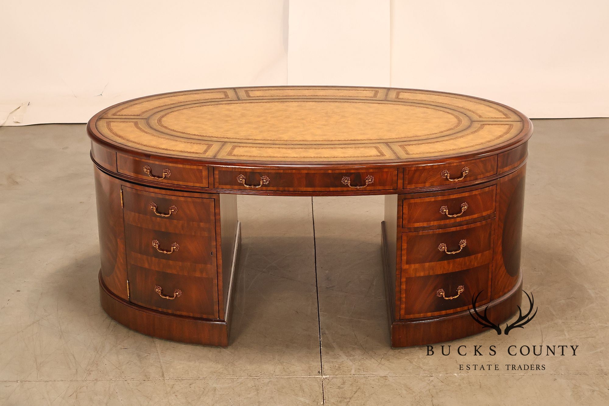 Maitland Smith Oval Mahogany Leather Top Executive Partner's Desk