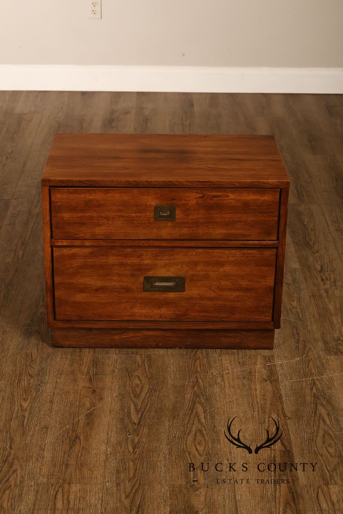 Stanley Campaign Style Pair of Walnut Bedside Chests