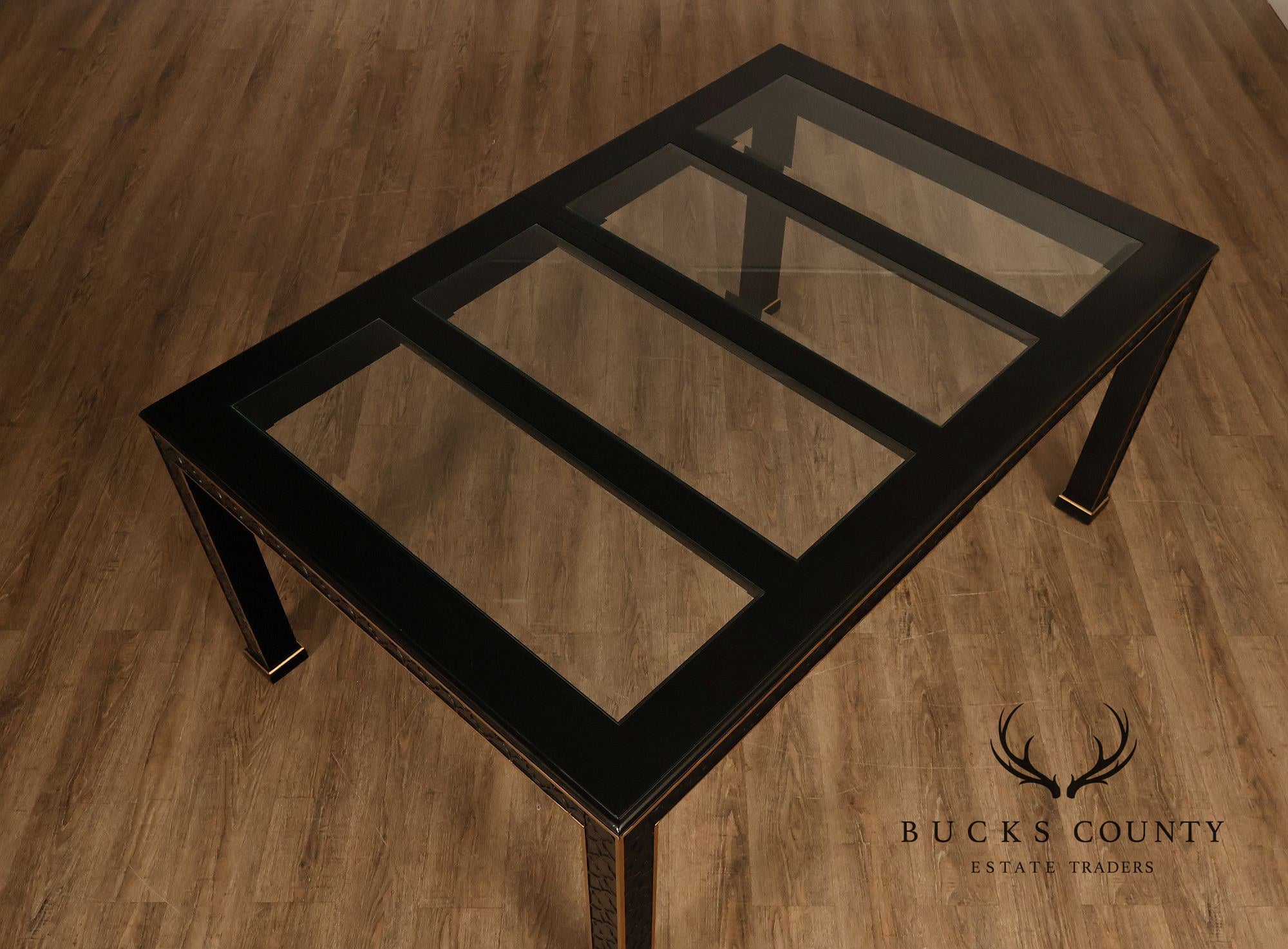Chinese Chippendale Black Lacquered Dining Table With Two Leaves, Inset Glass