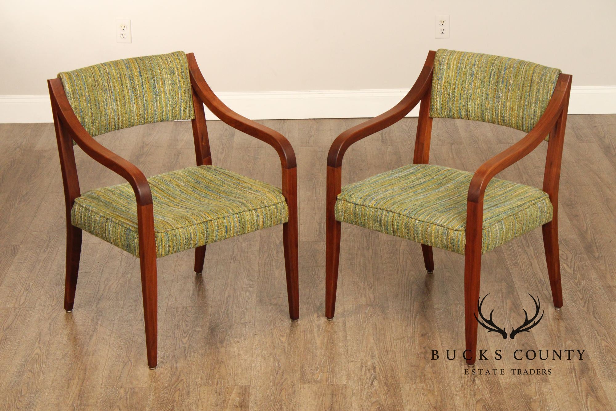 Mid Century Modern Pair of Walnut Frame Armchairs