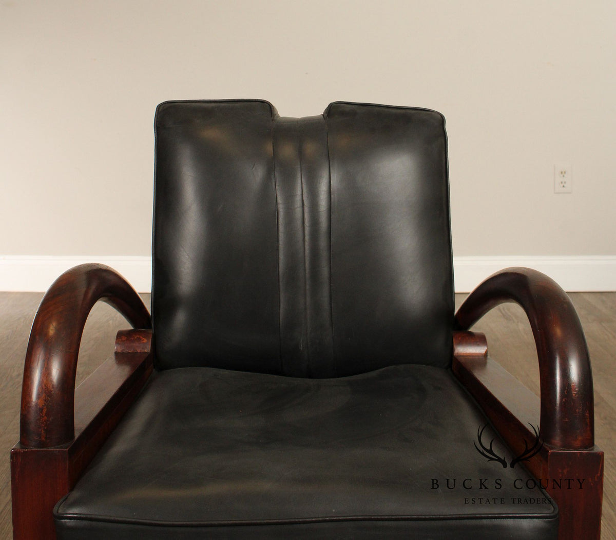 Art Deco Pair Of Streamline Moderne Rosewood And Black Leather Lounge Chairs
