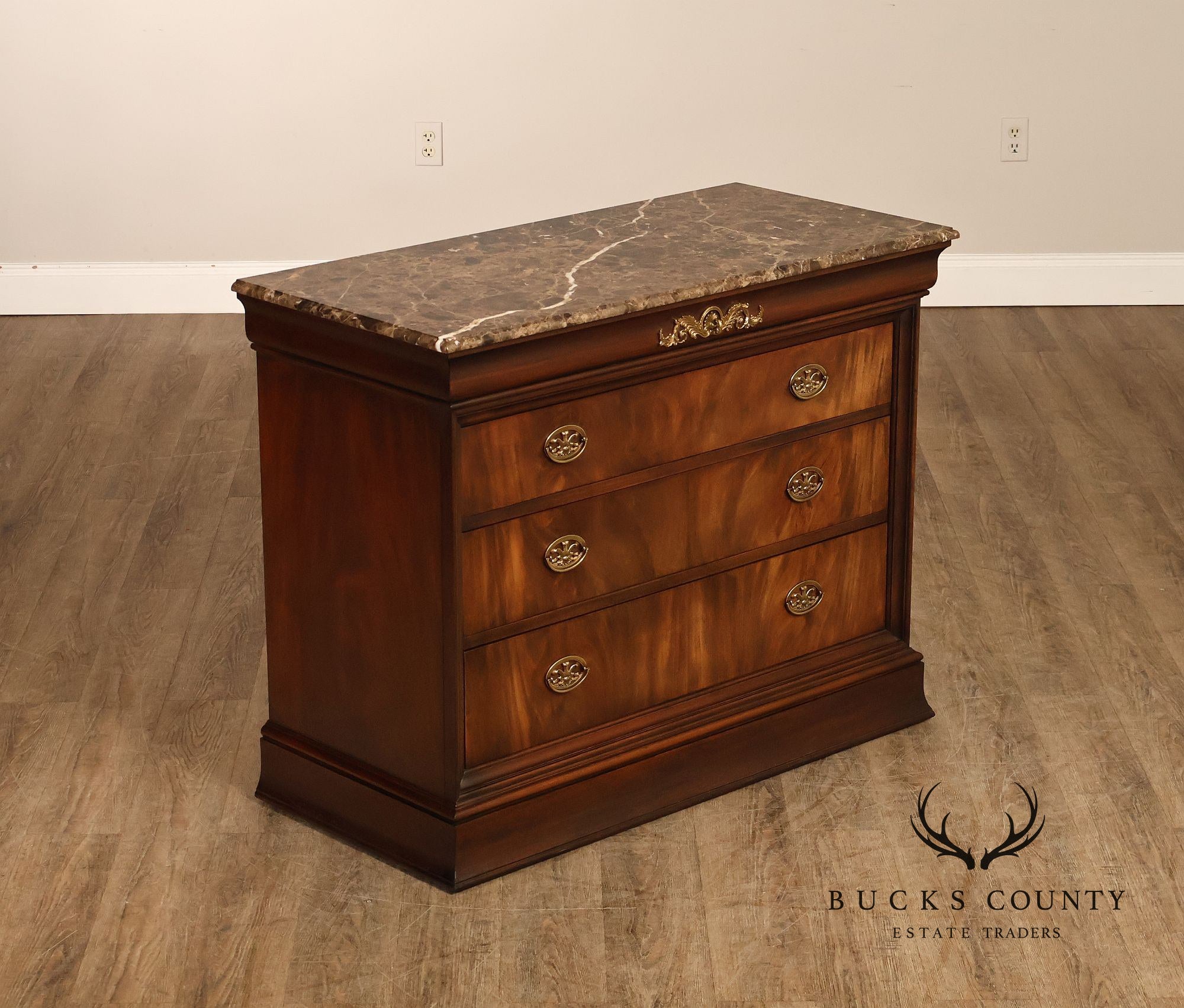 Henkel Harris Empire Style Marble Top Mahogany Chest Of Drawers