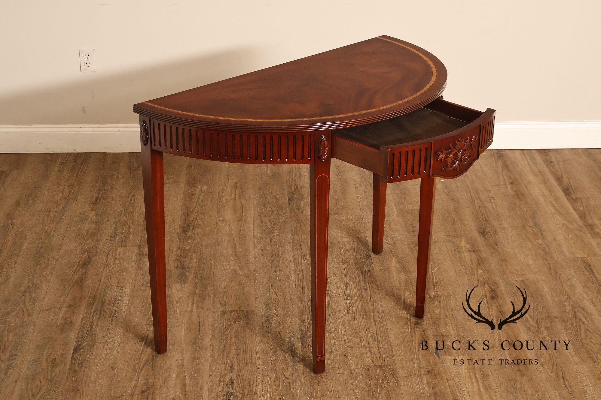 Custom Mahogany Inlaid Demilune Console Table