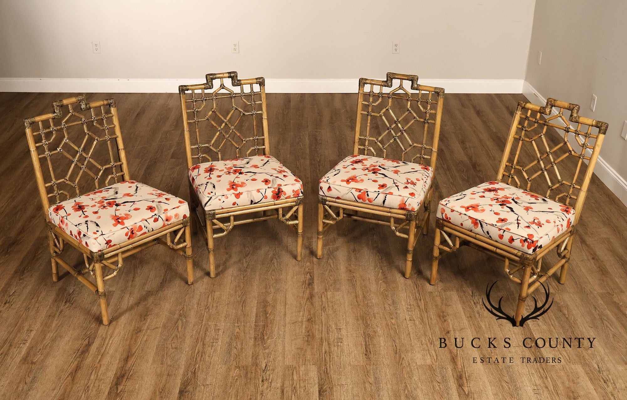 Chinese Chippendale Style Set Of Four Rattan Bamboo Dining Chairs