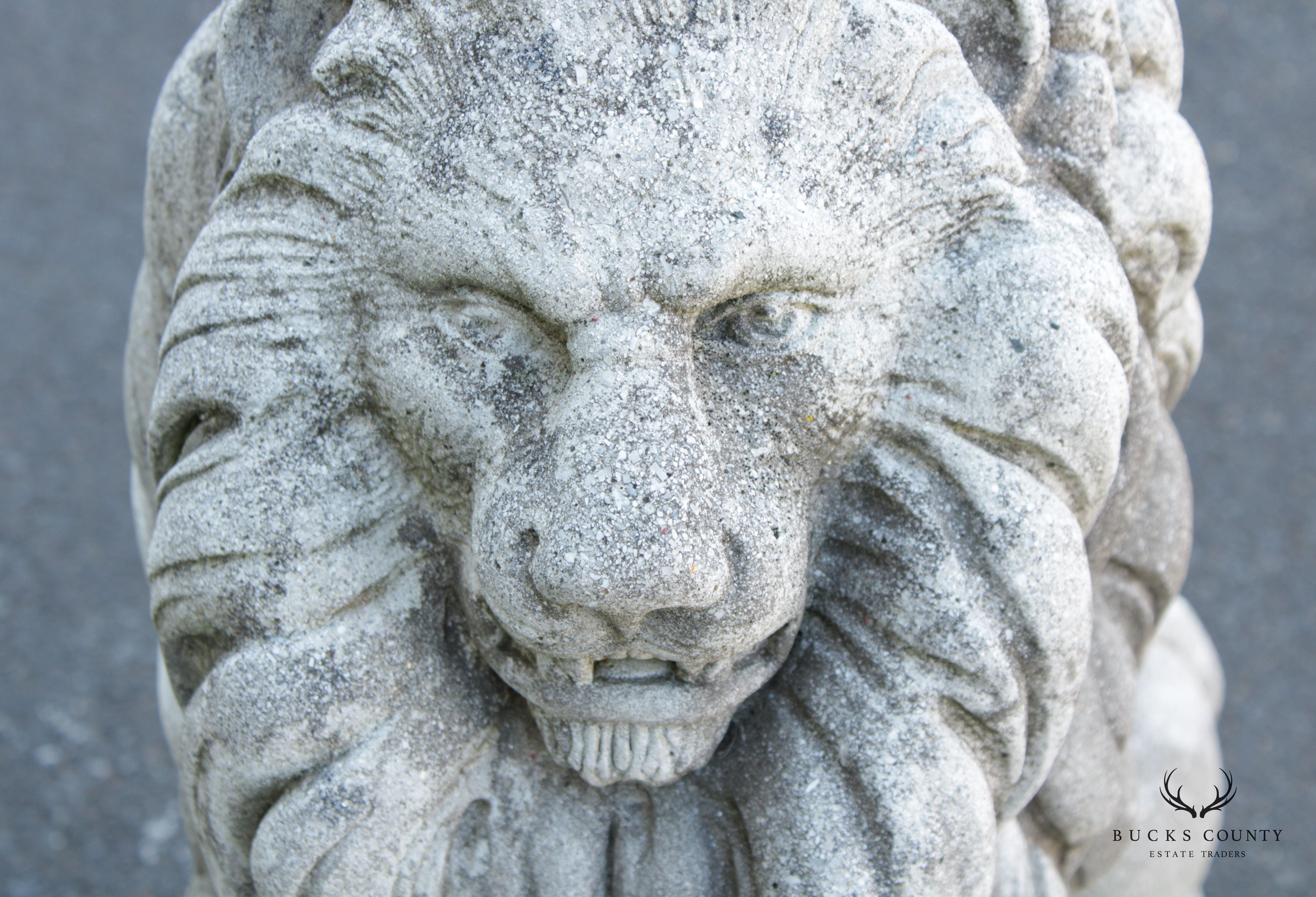Vintage Cast Stone Lion with Shield Garden Statue