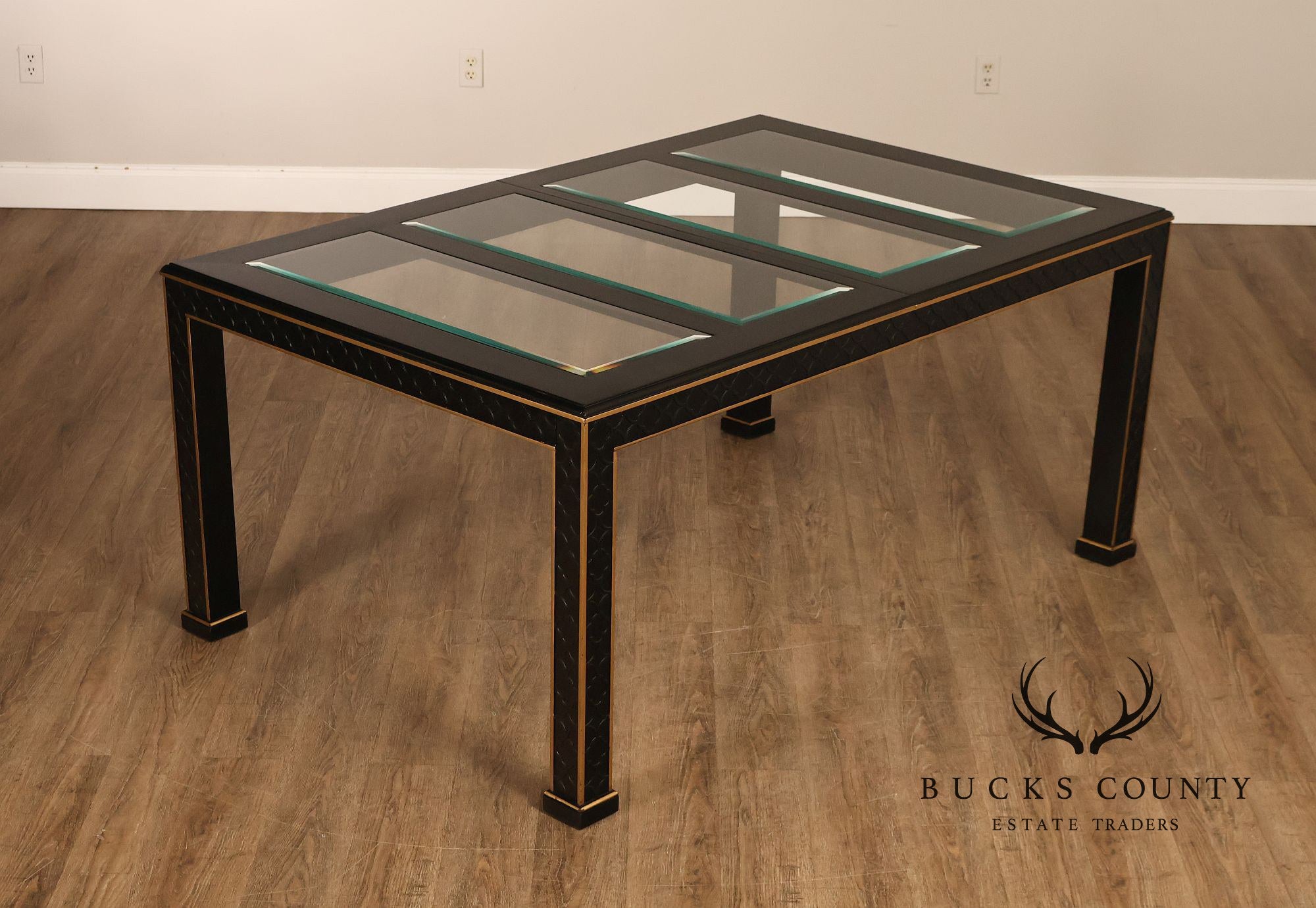 Chinese Chippendale Black Lacquered Dining Table With Two Leaves, Inset Glass