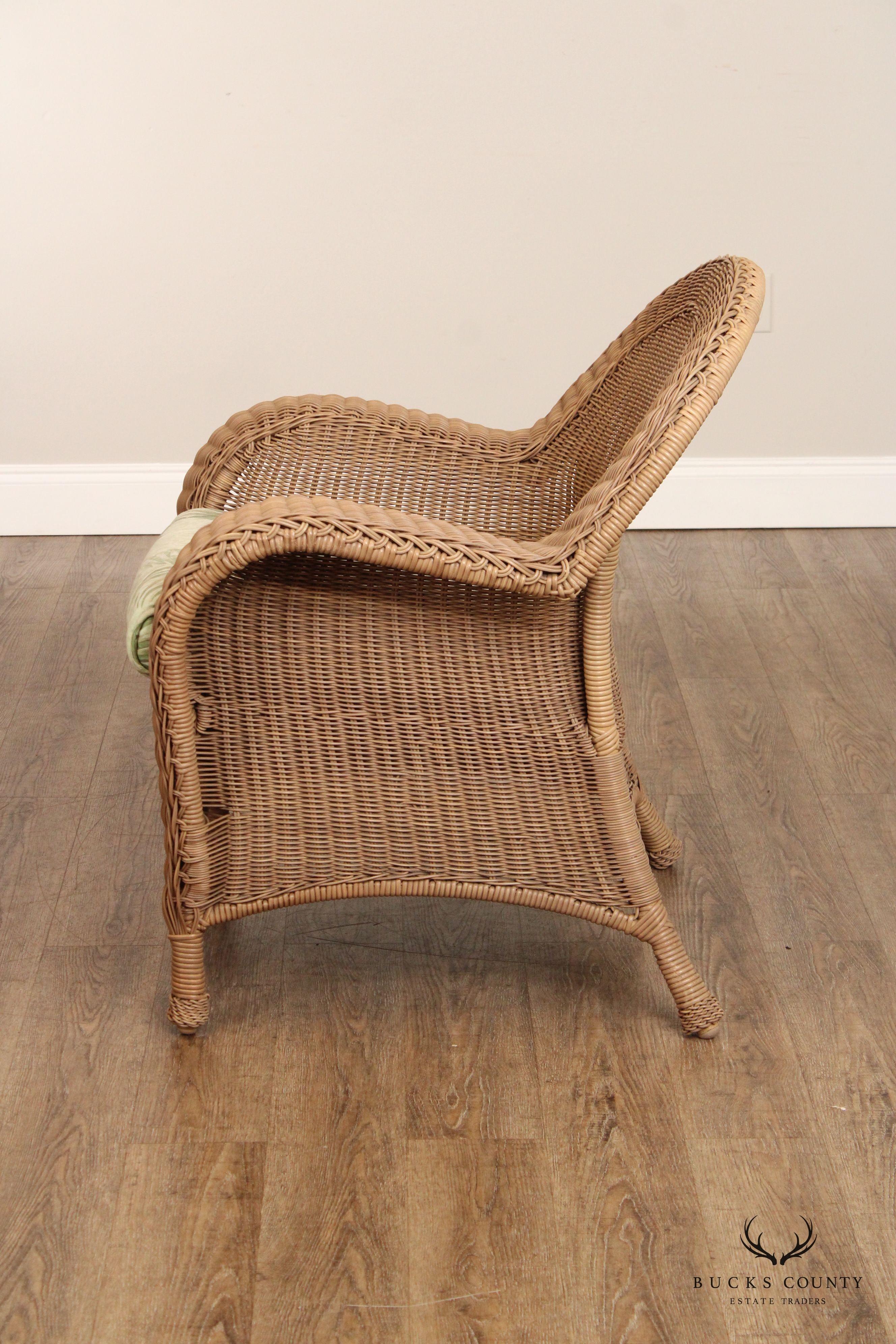 WOVEN WICKER PAIR OF OUTDOOR PATIO LOUNGE CHAIRS