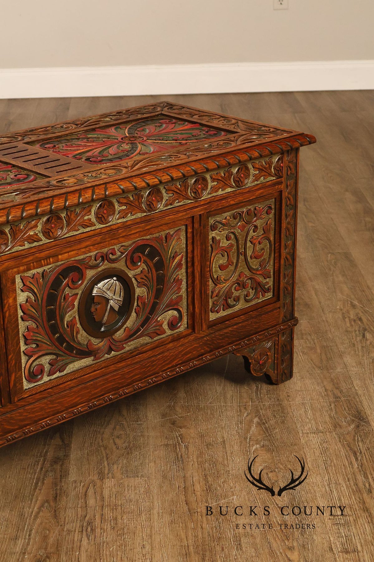 Berkey & Gay Carved And Painted Oak Spanish Revival Storage Chest