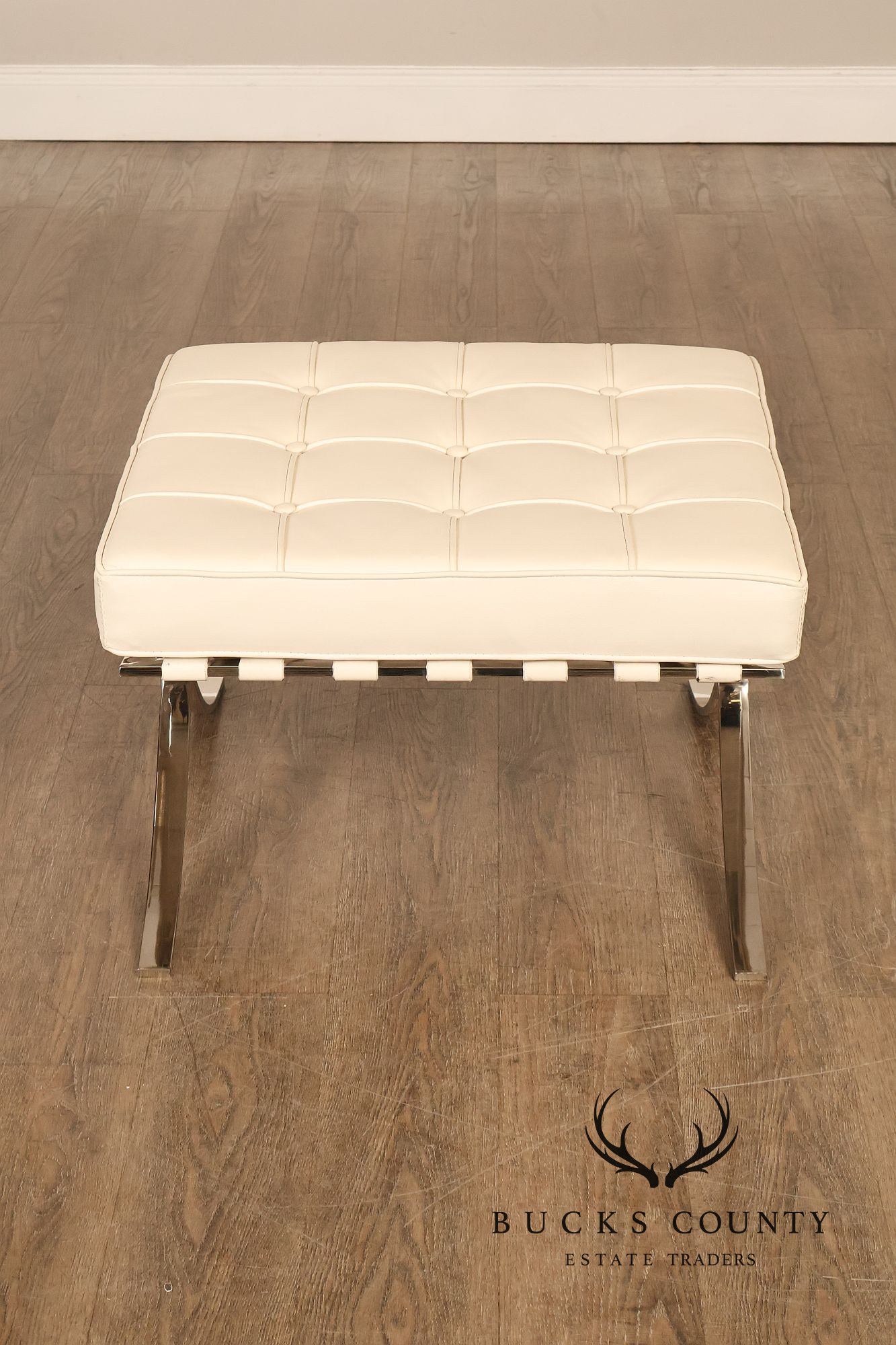 White Barcelona Style Pair Of Leather Stools With Chrome Bases